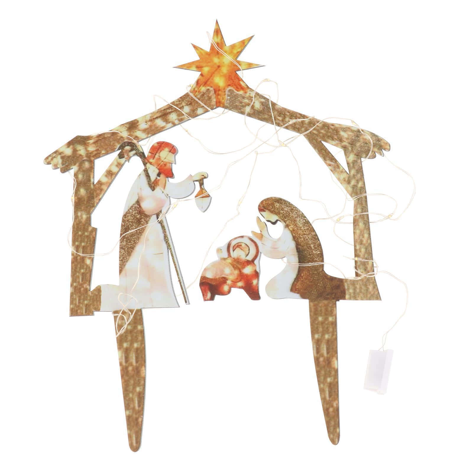 Religious Christmas 桌布 壁紙 — 一個質樸的木製耶穌誕生場景，有瑪利亞、約瑟和嬰兒耶穌，在星星和燈串下。