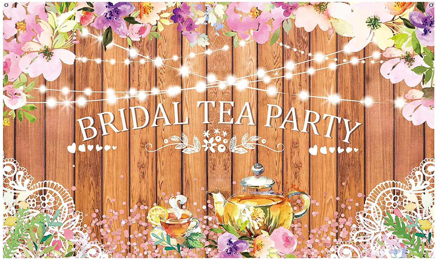 Tea Party 桌布 壁紙 — 一個質樸的木製背景，裝飾著串燈、花環和金色茶壺，用於新娘茶會。