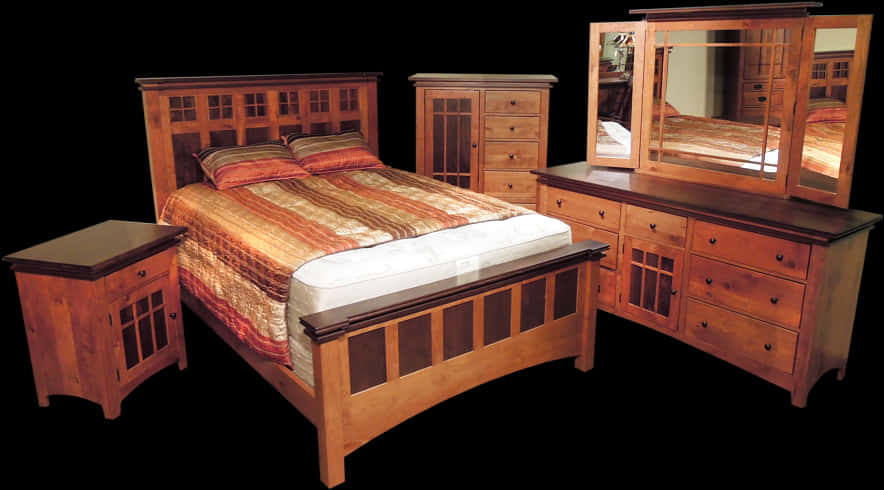 Bedding 桌布 壁紙 — 一個質樸的木製臥室套裝，包括床、梳妝台和床頭櫃，背景為黑色。