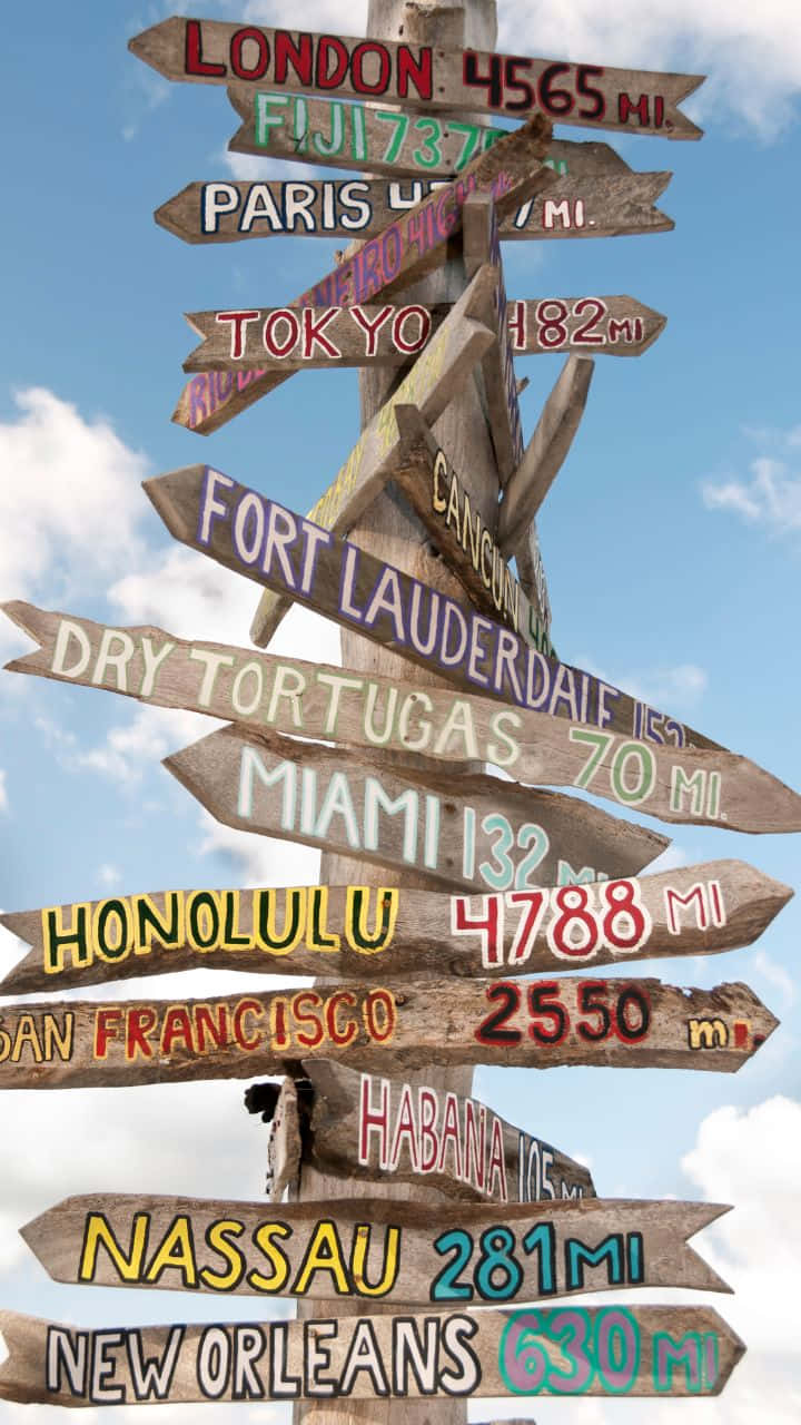 Travel And Tourism 桌布 壁紙 — 一個質樸的木製路標，帶有色彩繽紛的手繪方向標誌，指向全球城市，背景是明亮的藍天和蓬鬆的雲朵。