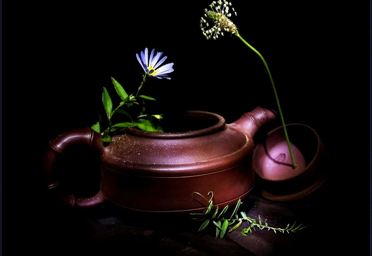 藝術 桌布 壁紙 — 一個質樸的棕色茶壺，在純黑背景下，托著一朵精緻的藍色花朵和一根纖細的綠色莖。