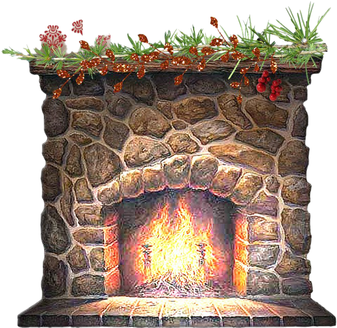 Christmas Clip Art 桌布 壁紙 — 一個質樸的石頭壁爐在松針、紅莓和雪花的裝飾下，溫暖的火焰噼啪作響。