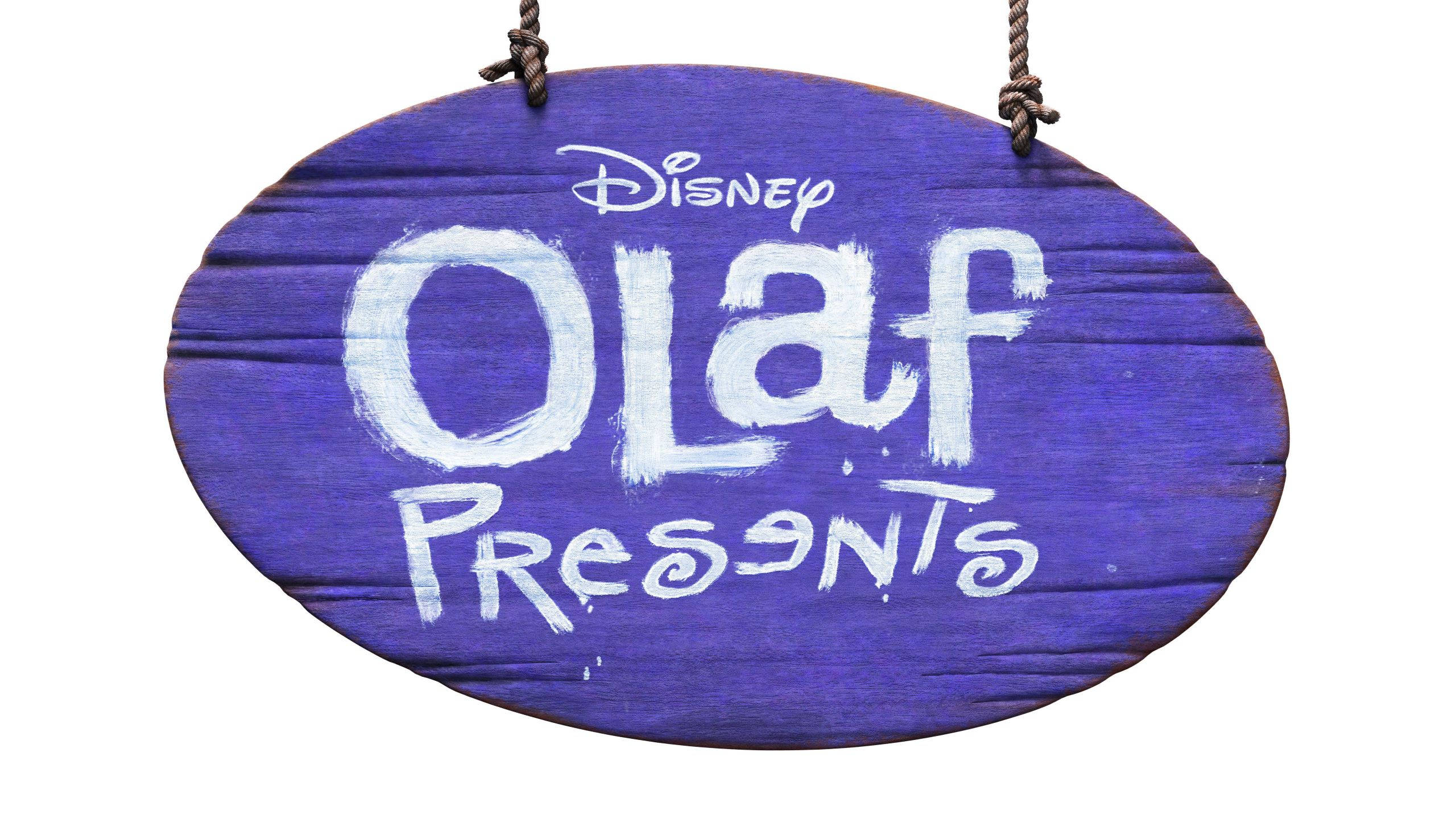 雪寶 桌布 壁紙 — 一個質樸的紫色木牌，上面有白色油漆文字寫著 Disney Olaf Presents，用麻繩掛在白色背景上。