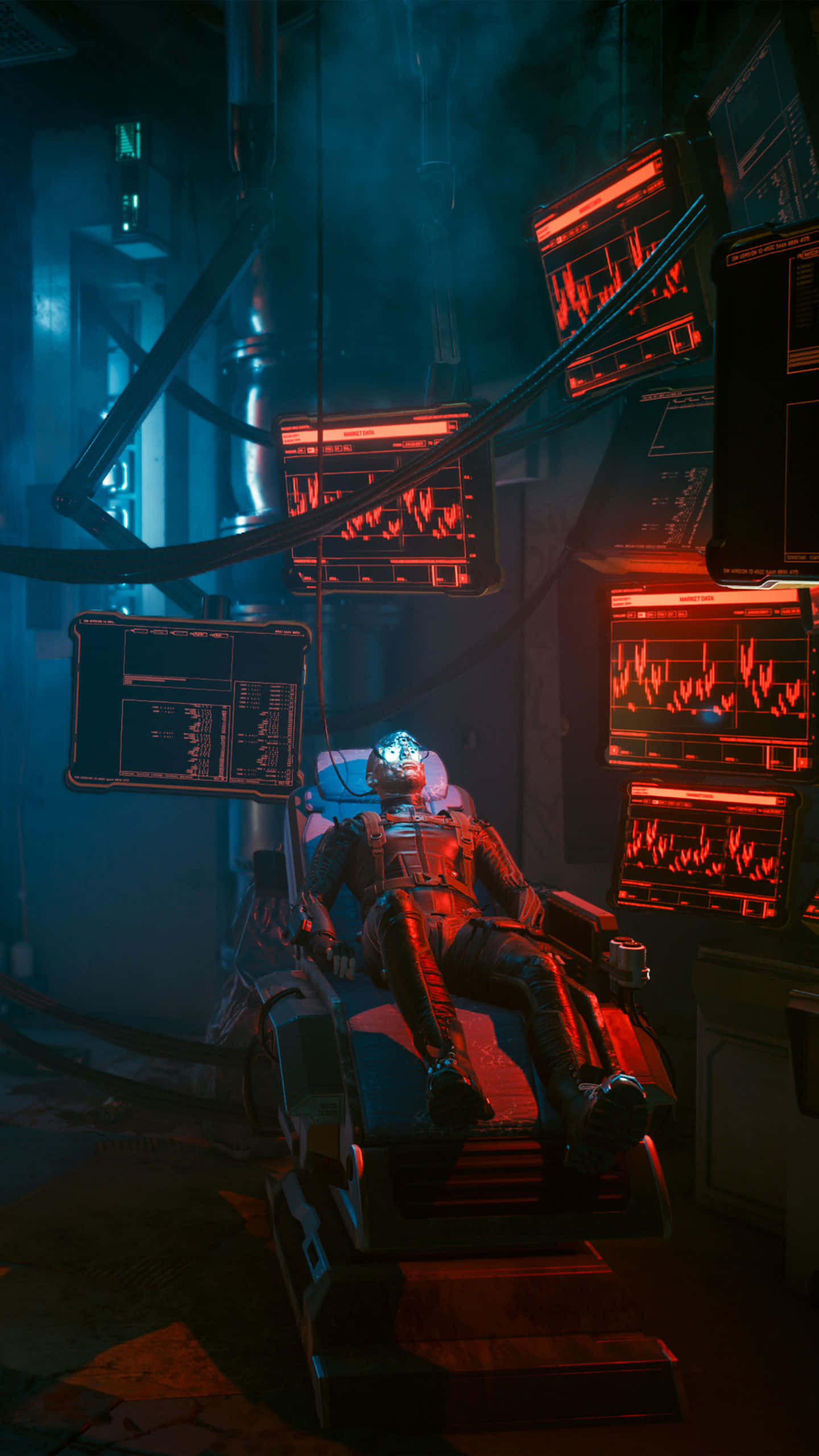 Pixel 3 Cyberpunk 2077 桌布 壁紙 — 一個賽博格人物躺在醫療床上，周圍環繞著漂浮的紅色全息顯示器，在昏暗的藍色未來實驗室中。