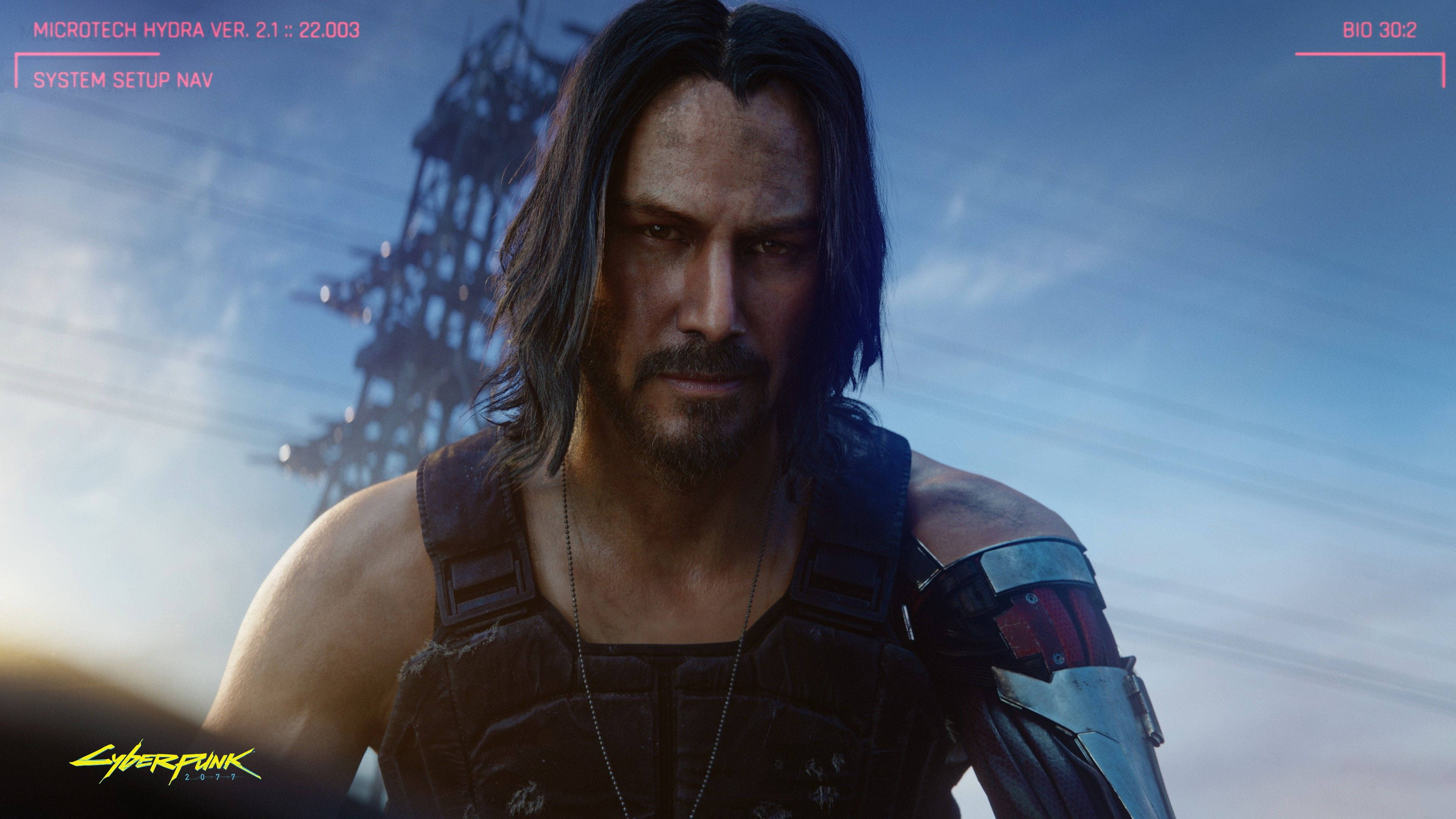 Keanu 桌布 壁紙 — 一個賽博龐克主角，擁有機械手臂和戰術背心，在黃昏時分凝視著未來城市的天際線。
