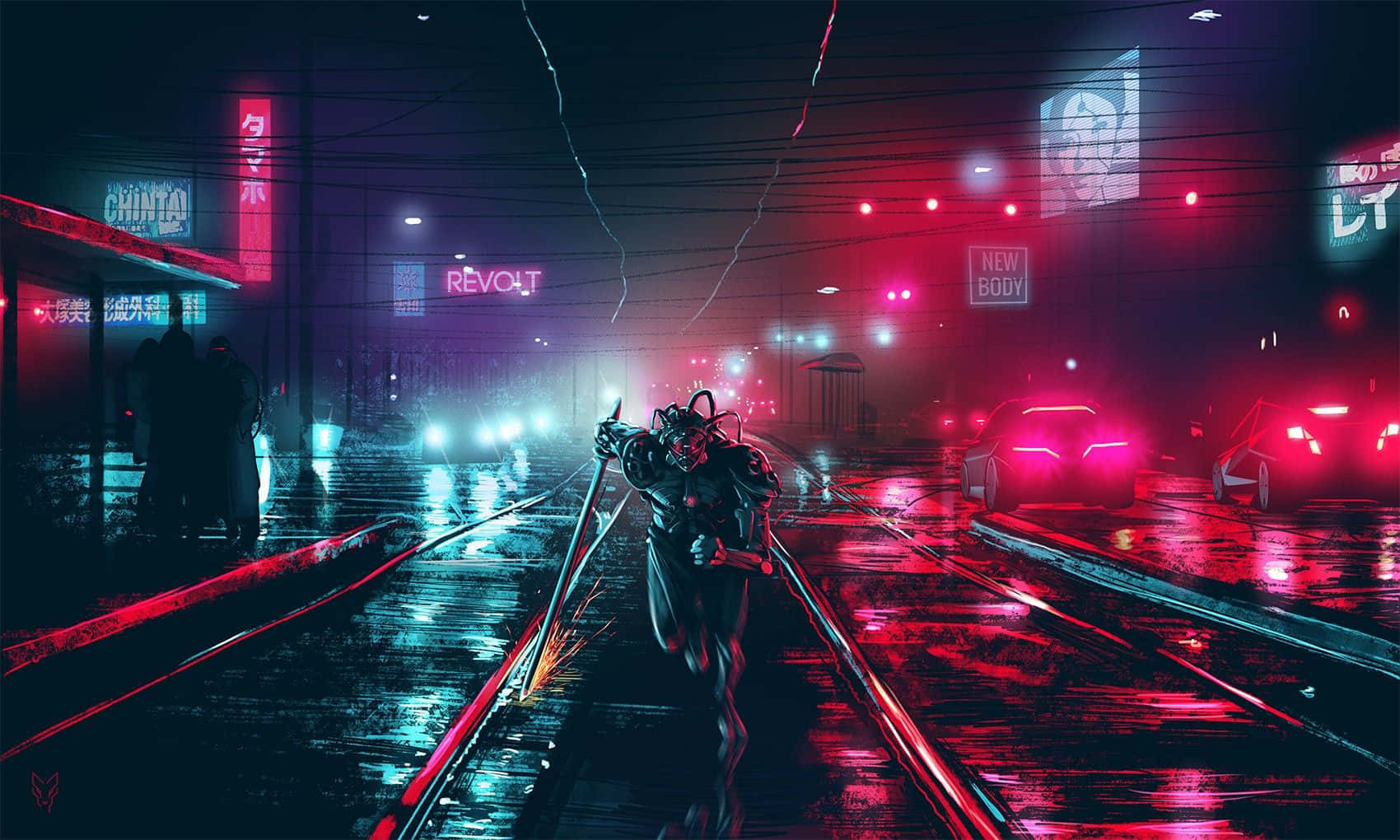Dark Cyberpunk 桌布 壁紙 — 一個賽博龐克人物在霓虹燈閃爍、雨水浸濕的街道上奔跑，周圍有發光的招牌和未來感十足的汽車。