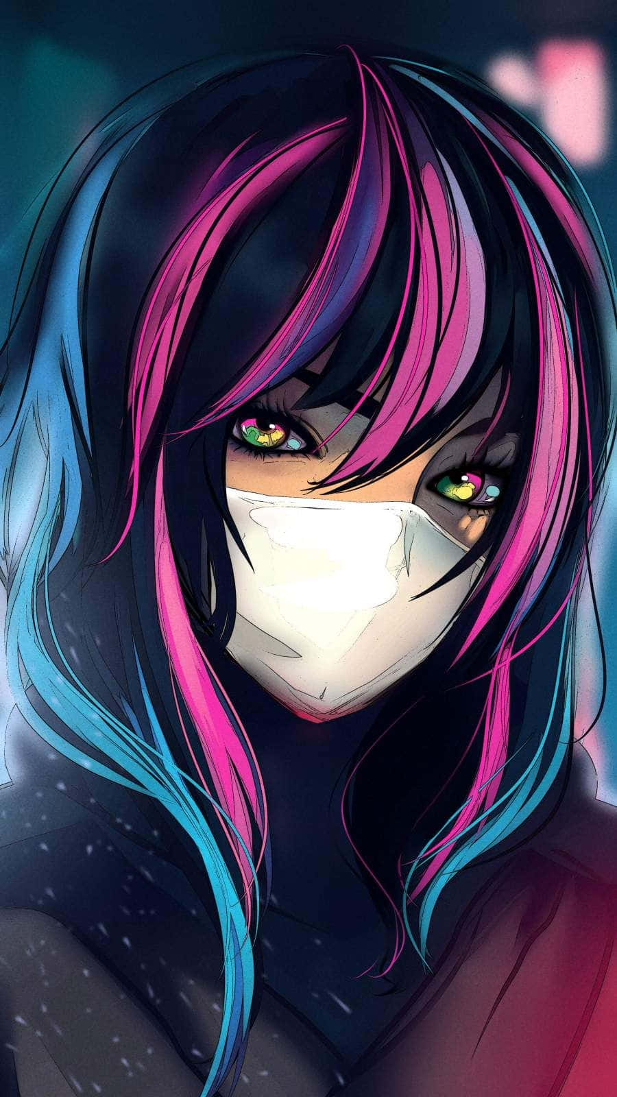 Dark Anime Girl 桌布 壁紙 — 一個賽博龐克動漫女孩，有著發光的眼睛和霓虹粉藍色頭髮，戴著白色面具，背景是黑暗發光的城市。