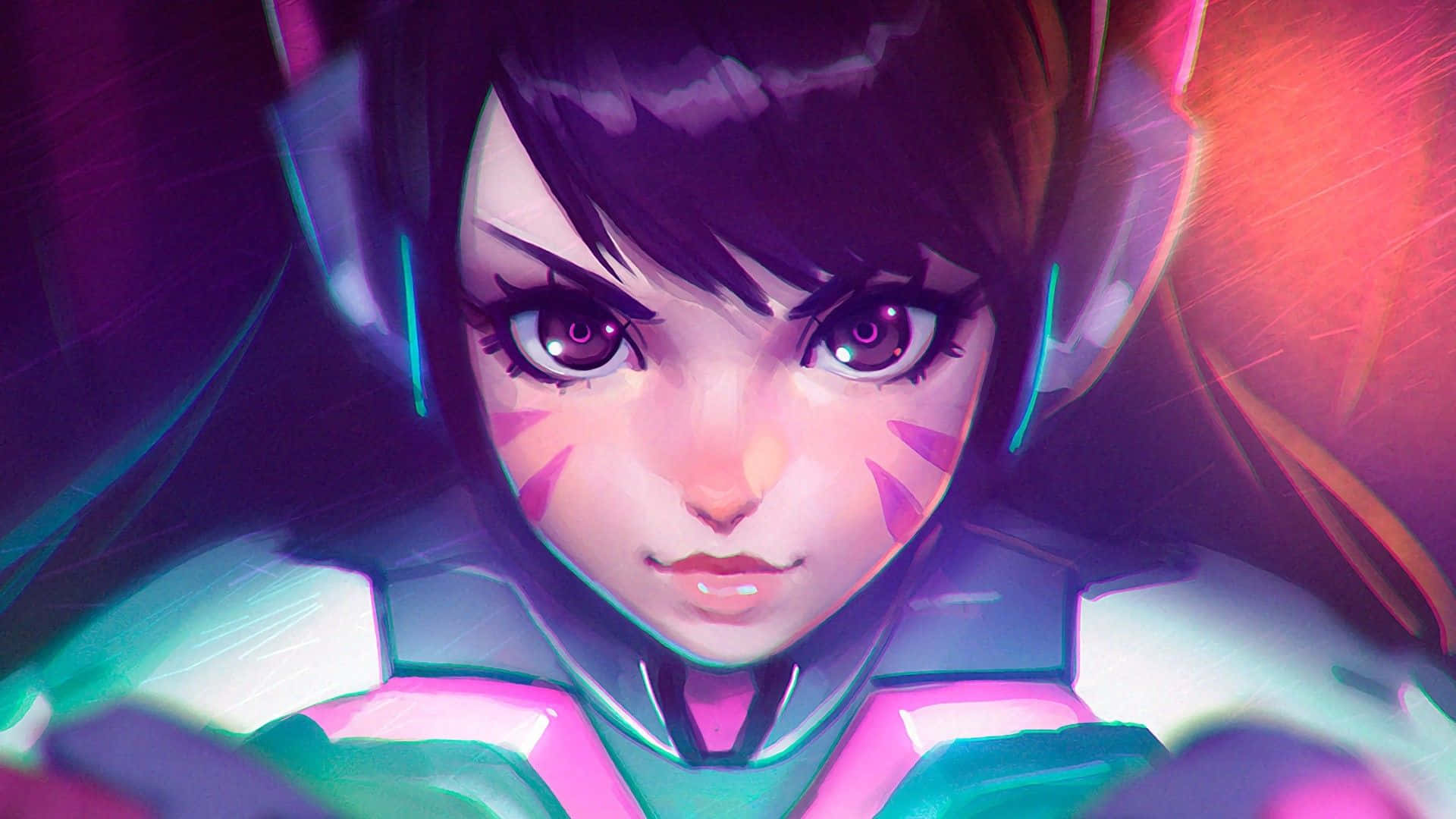 Overwatch D.va 桌布 壁紙 — 一個賽博龐克動漫女孩的特寫，擁有發光的紫色眼睛和霓虹粉紅與青綠色的盔甲，背景是充滿活力的抽象背景。