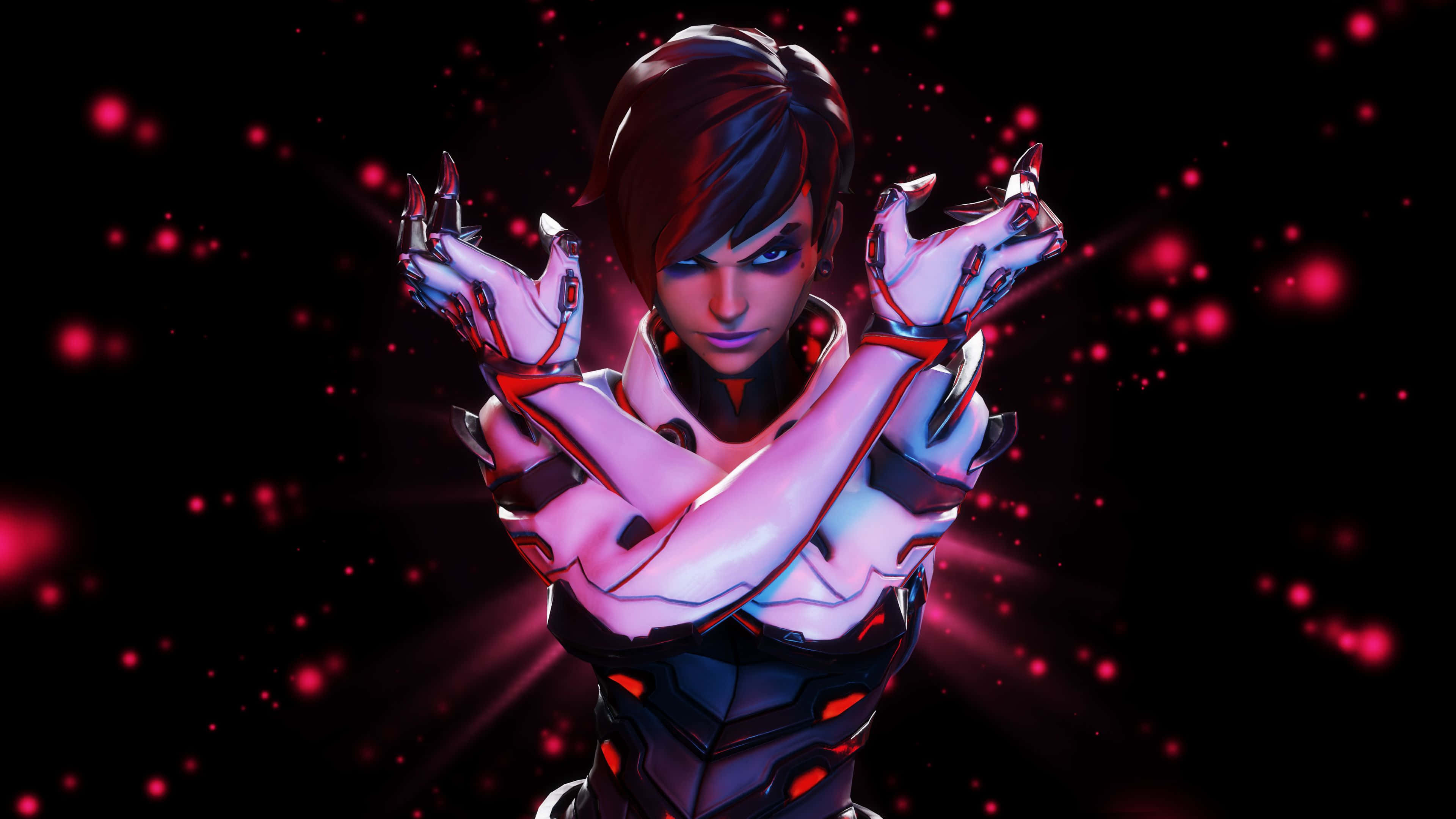 Overwatch Sombra 桌布 壁紙 — 一個賽博龐克動漫角色，擁有發光的紅色雙手和深色頭髮，站在黑色背景前，背景中有漂浮的紅色粒子。
