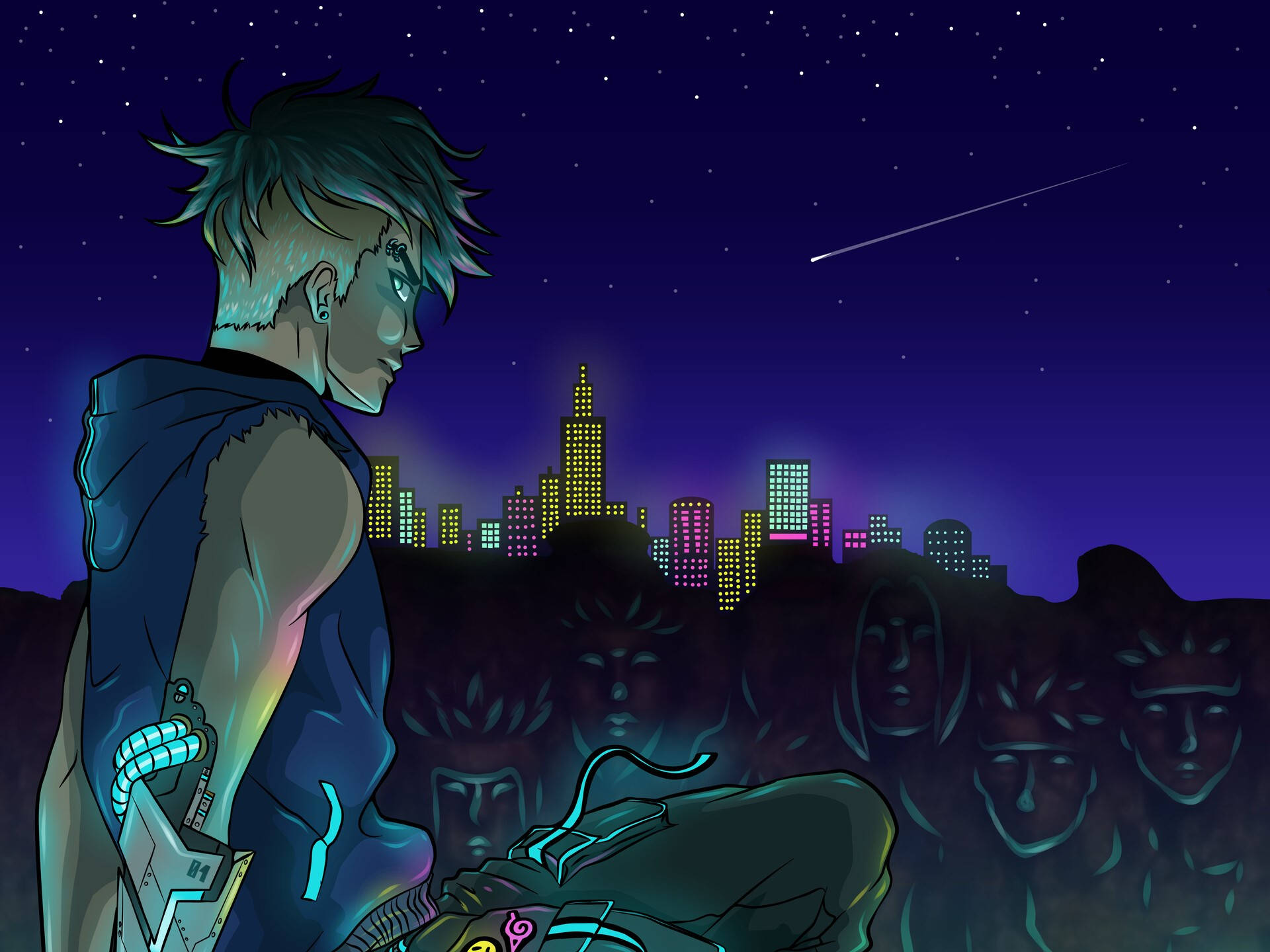 動漫男孩 桌布 壁紙 — 一個賽博龐克動漫角色在流星劃過的星空下，凝視著霓虹閃爍的城市天際線。