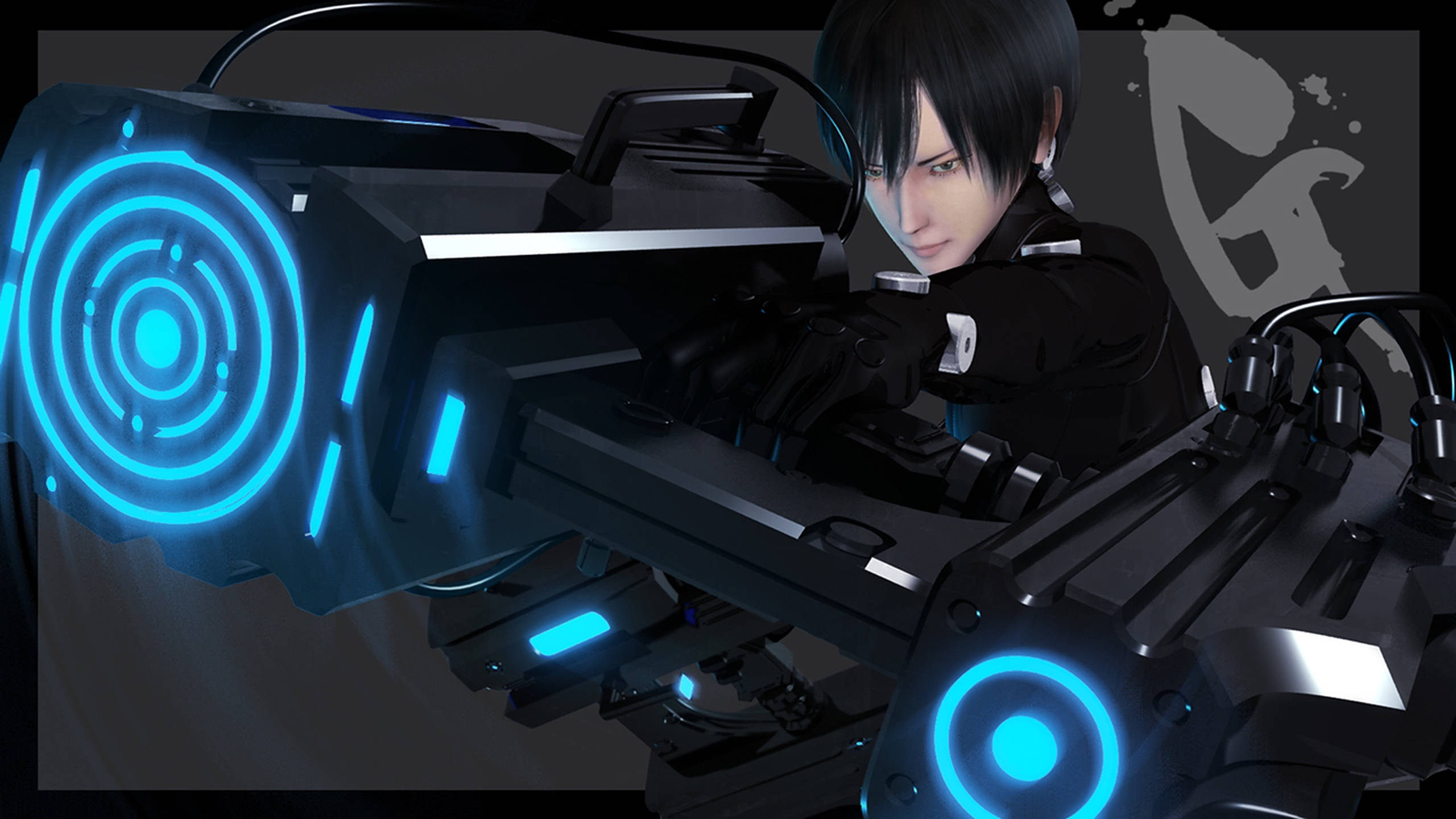 gantz 桌布 壁紙 — 一個賽博龐克動漫角色在黑暗粗糙的背景中，專注地瞄準一把發光的藍色未來武器。