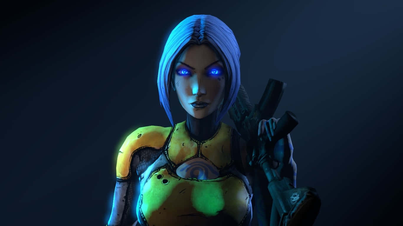 1366x768 Borderlands 3 桌布 壁紙 — 一個賽博龐克女性，擁有發光的藍色眼睛和短藍色頭髮，在黑暗背景下手持武器。