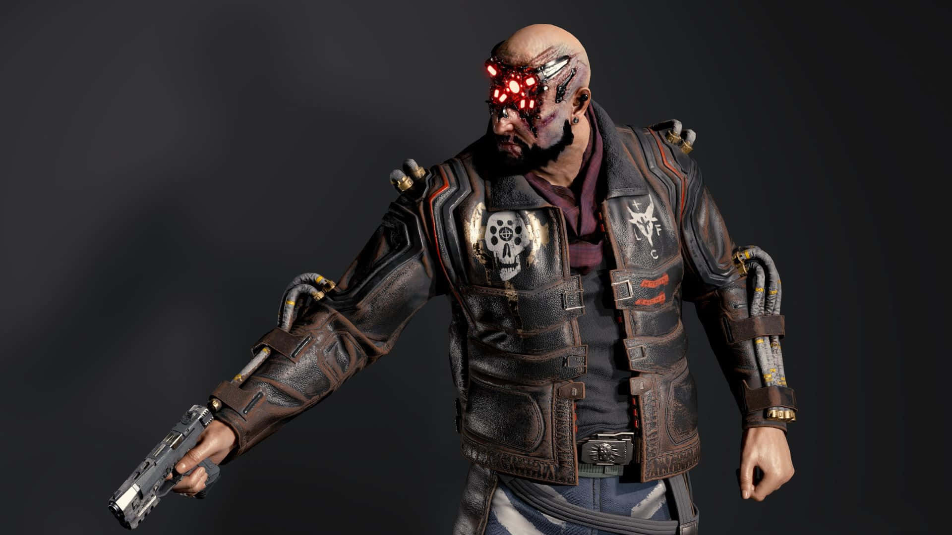 Cyberpunk 2077 Characters 桌布 壁紙 — 一個賽博龐克戰士，擁有發光的紅色賽博義眼和帶有骷髏標誌的皮背心，在黑暗背景前手持手槍。