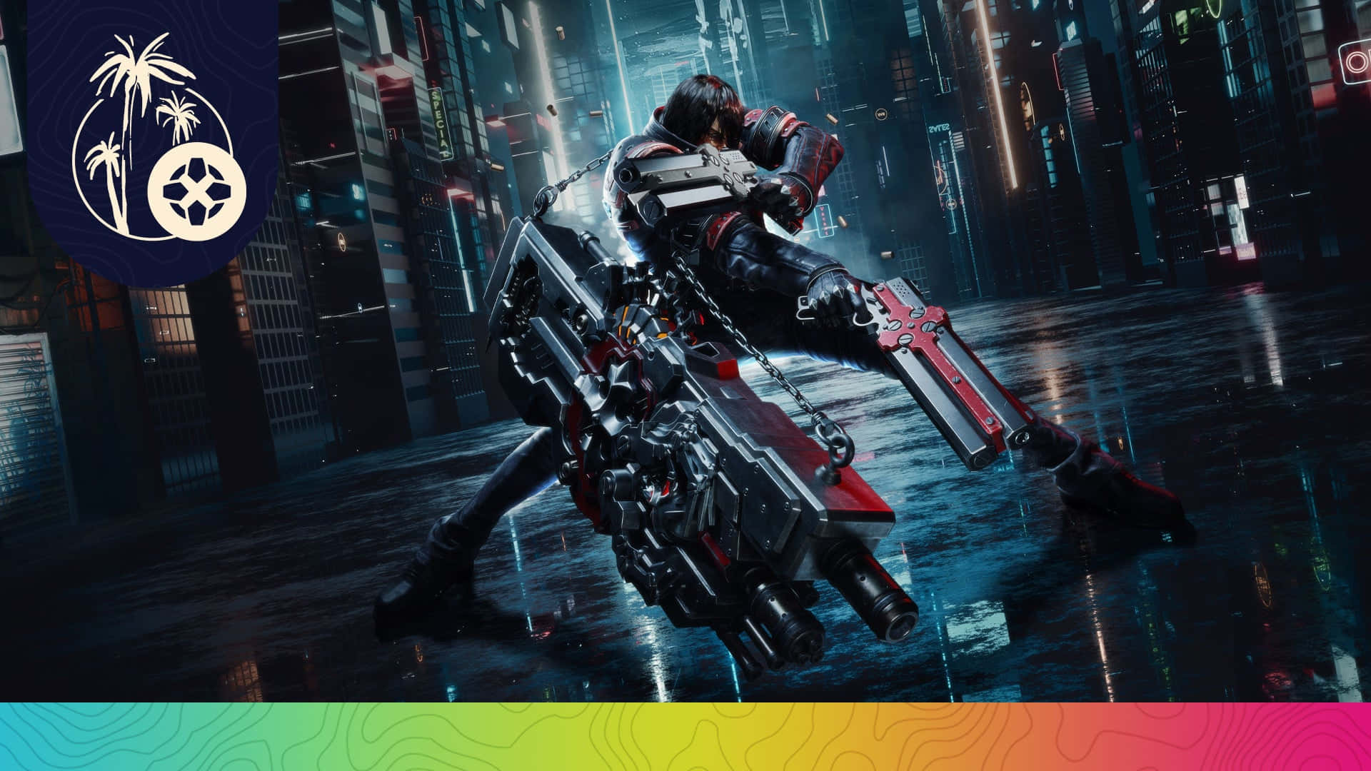 Gungrave 桌布 壁紙 — 一個賽博龐克戰士在霓虹燈閃爍、雨水浸濕的夜晚城市景觀中揮舞著巨大的鎖鏈武器。