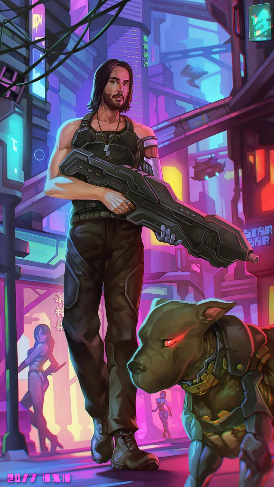 遊戲 桌布 壁紙 — 一個賽博龐克戰士手持未來步槍，站在一隻眼睛發光的機械狗旁邊，身處霓虹燈閃爍的城市小巷。