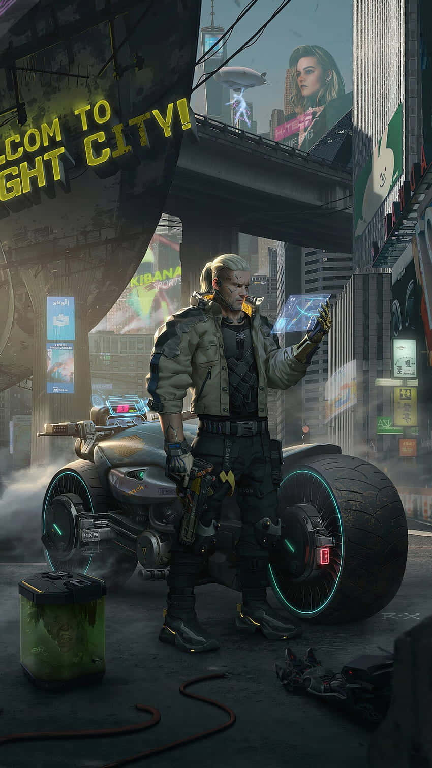 Pixel 3 Cyberpunk 2077 桌布 壁紙 — 一個賽博龐克戰士站在一輛發光的未來機車旁，身處霓虹燈照亮、雨水浸濕的城市景觀中。