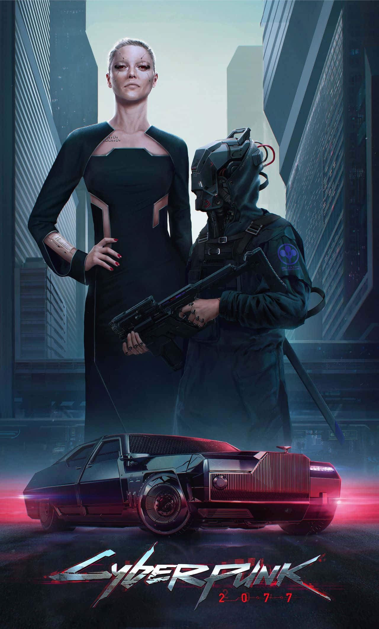 Pixel 3 Cyberpunk 2077 桌布 壁紙 — 一個賽博龐克蛇蠍美人和一個裝甲士兵站在一輛發光的紅色跑車旁邊，背景是高聳的霓虹燈城市景觀。