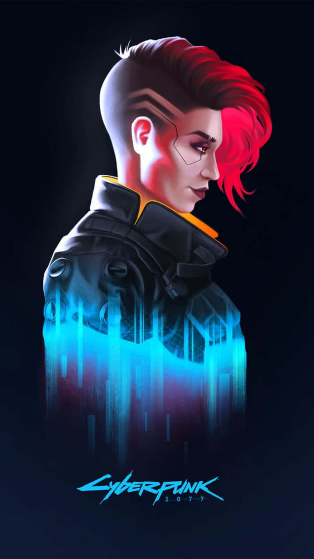 Cyberpunk 2077 桌布 壁紙 — 一個賽博龐克角色，紅髮，藍色發光數據流從軀幹流出，背景為深色。