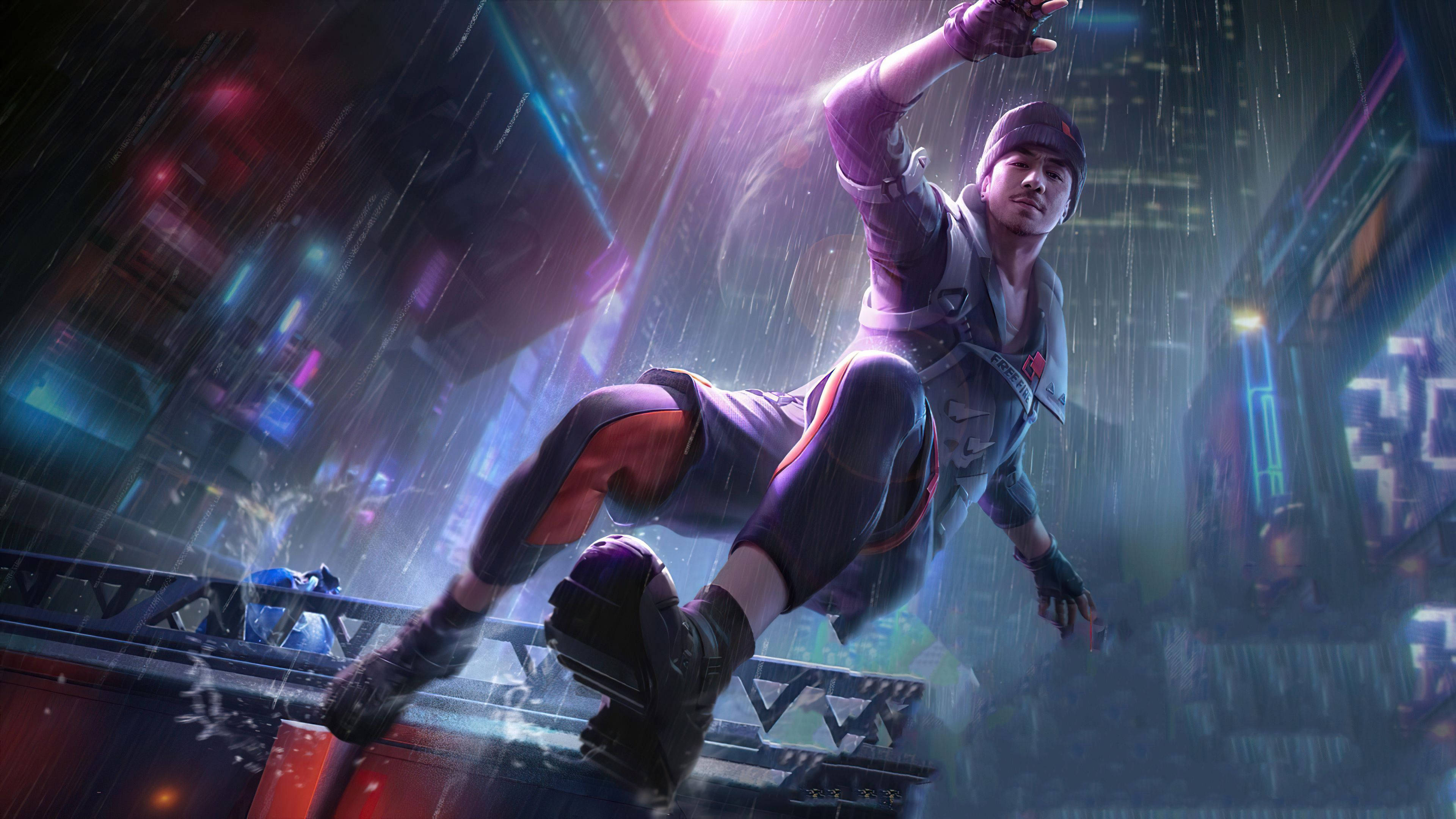 Free Fire 桌布 壁紙 — 一個賽博龐克跑者跳過被霓虹燈浸濕的雨水，在城市屋頂上，背後是發光的摩天大樓。