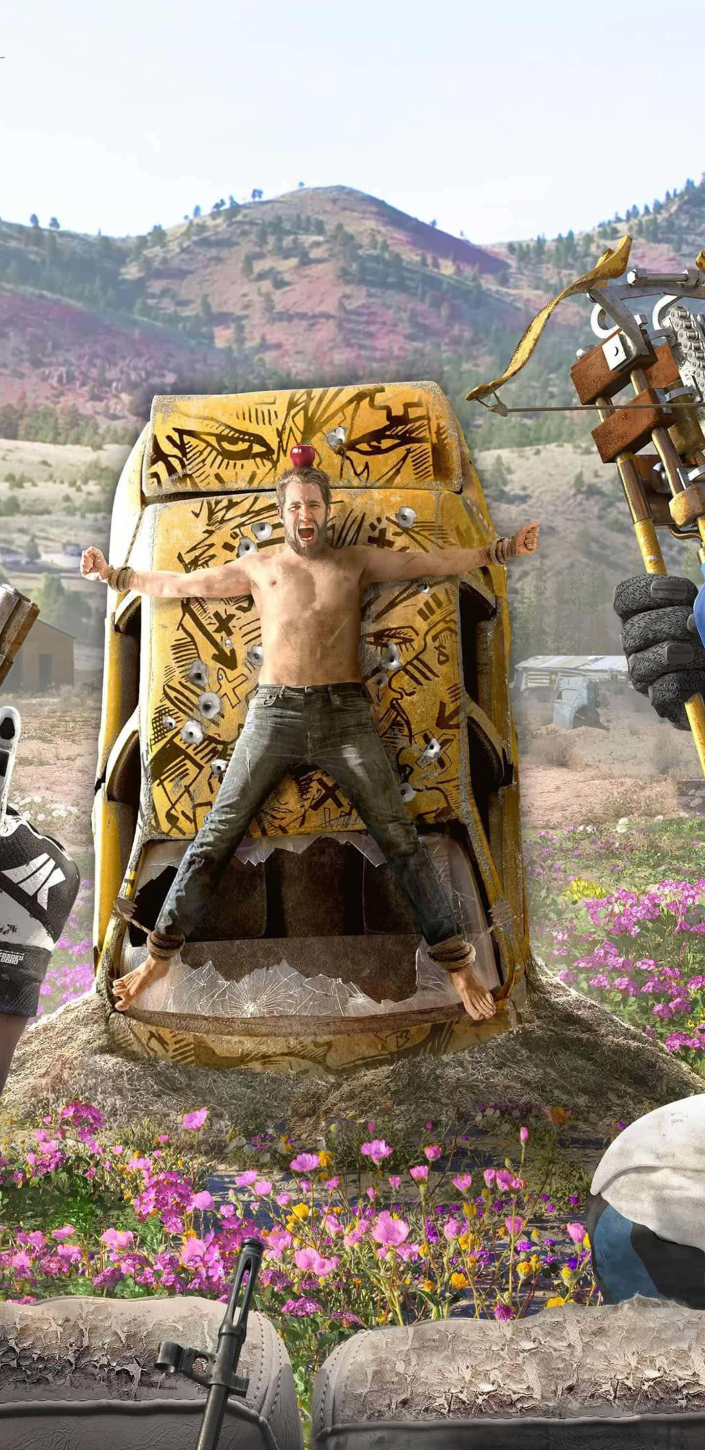Android Far Cry New Dawn 桌布 壁紙 — 一個赤膊、紅色莫西乾頭的男性，勝利地站在沙漠景觀中一輛翻倒的黃色汽車上，背景有紫色山脈和粉紅色野花。