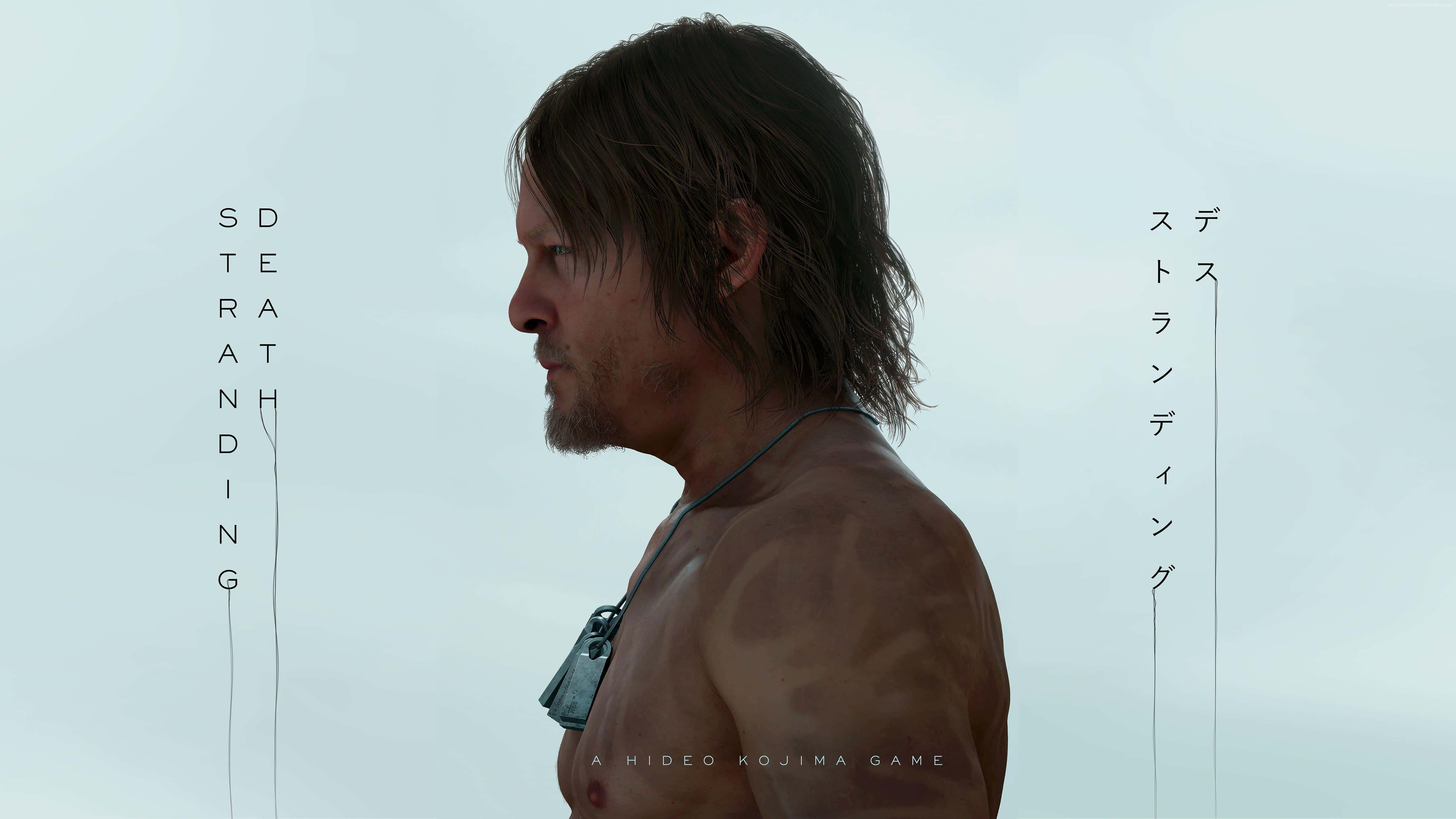 death stranding iPhone 桌布 壁紙 — 一個赤膊濕髮的男人側面站在淡色天空前，帶有垂直文字元素。