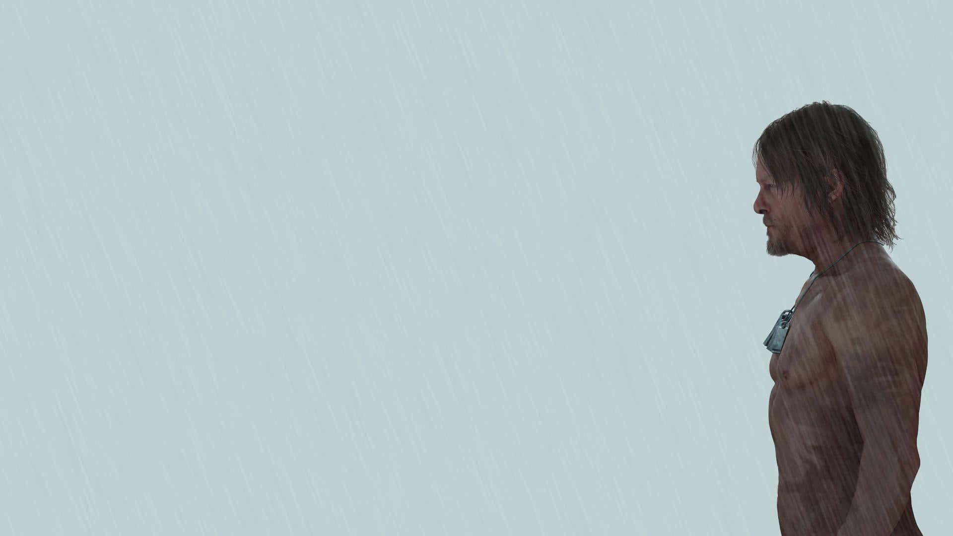 Death Stranding Desktop 桌布 壁紙 — 一個赤膊的男人，濕了的頭髮，站在大雨中，背景是淺灰色，他的皮膚上可見雨的痕跡。