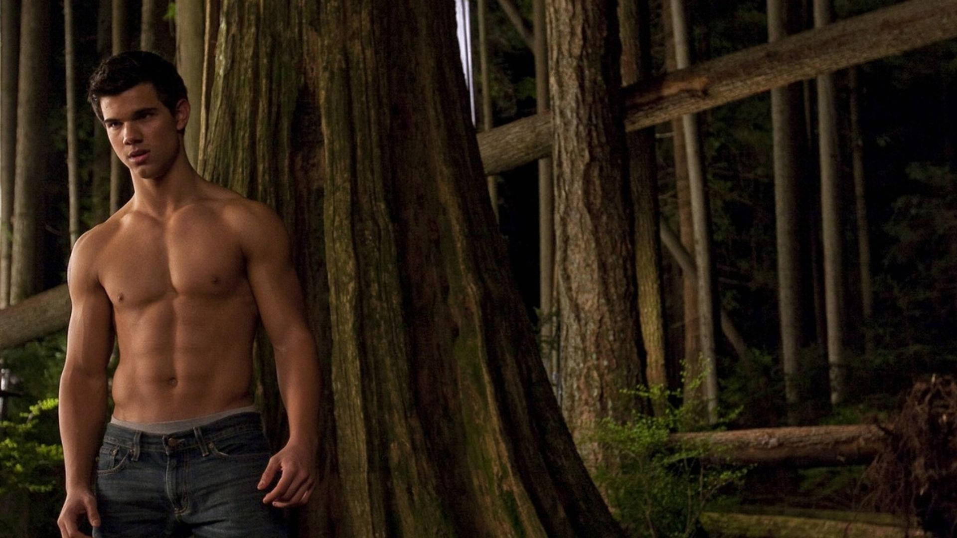 Taylor Lautner 桌布 壁紙 — 一個赤膊肌肉男在夜晚靠著一棵長滿苔蘚的巨大樹幹，身處茂密黑暗的森林中。