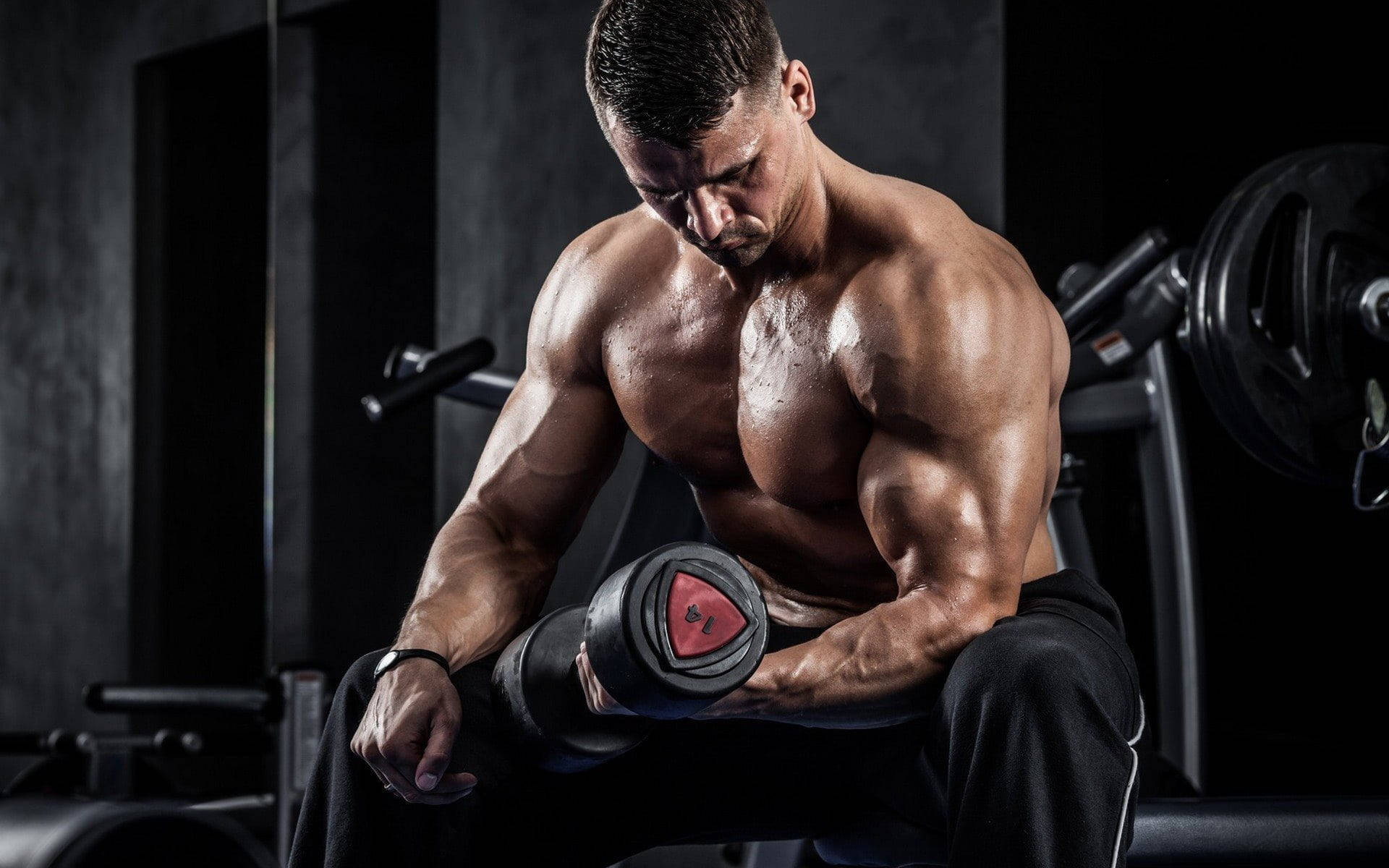 Weight Lifting 桌布 壁紙 — 一個赤膊肌肉男在昏暗的健身房中用力舉起啞鈴，汗水在他線條分明的體格上閃閃發光。