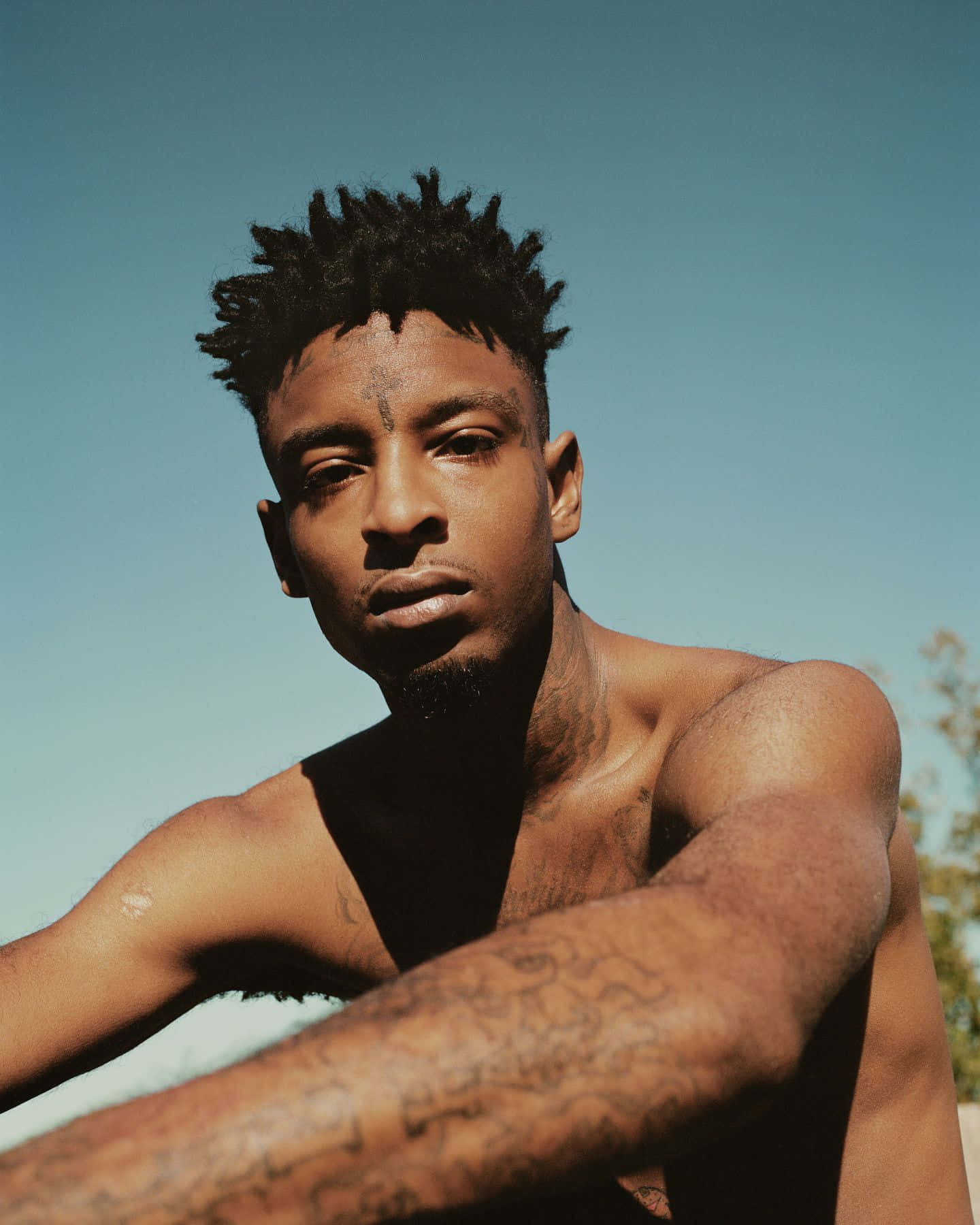 21 Savage 桌布 壁紙 — 一個赤裸上身、有刺青和刺蝟頭的男人，在晴朗的藍天背景下專注地凝視。