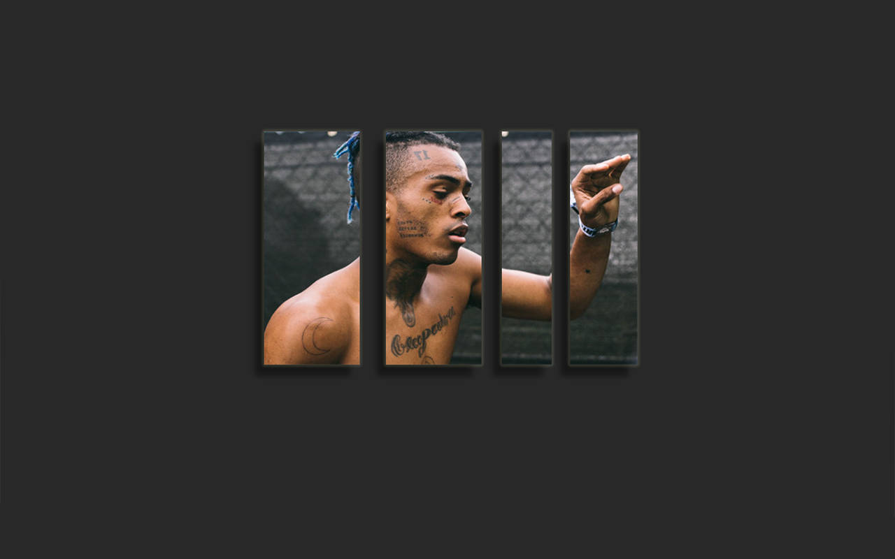 xxxtentacion 電腦 桌布 壁紙 — 一個赤裸上身、有刺青和藍色辮子辮的男人，在分割畫布展示中對著鐵絲網圍欄擺姿勢。