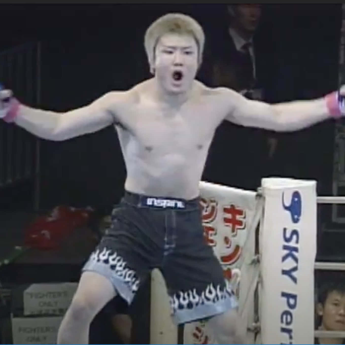 UFC 桌布 壁紙 — 一個赤裸上身、金髮的拳擊手在拳擊場內張開雙臂，勝利地吶喊。