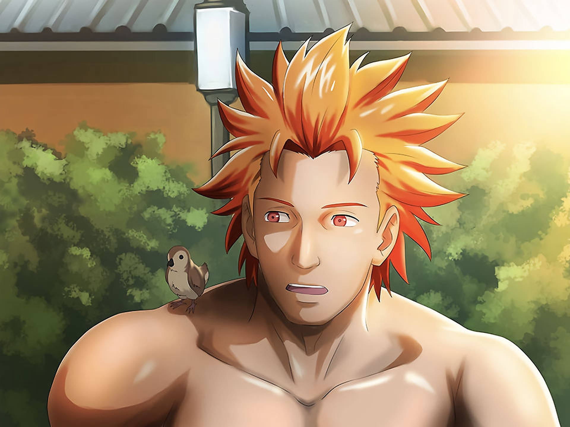 重吾 桌布 壁紙 — 一個赤裸上身的動漫男子，有著尖刺的橙色頭髮和紅色眼睛，直視前方，一隻小鳥棲息在他的肩膀上，背景是陽光明媚的綠色。