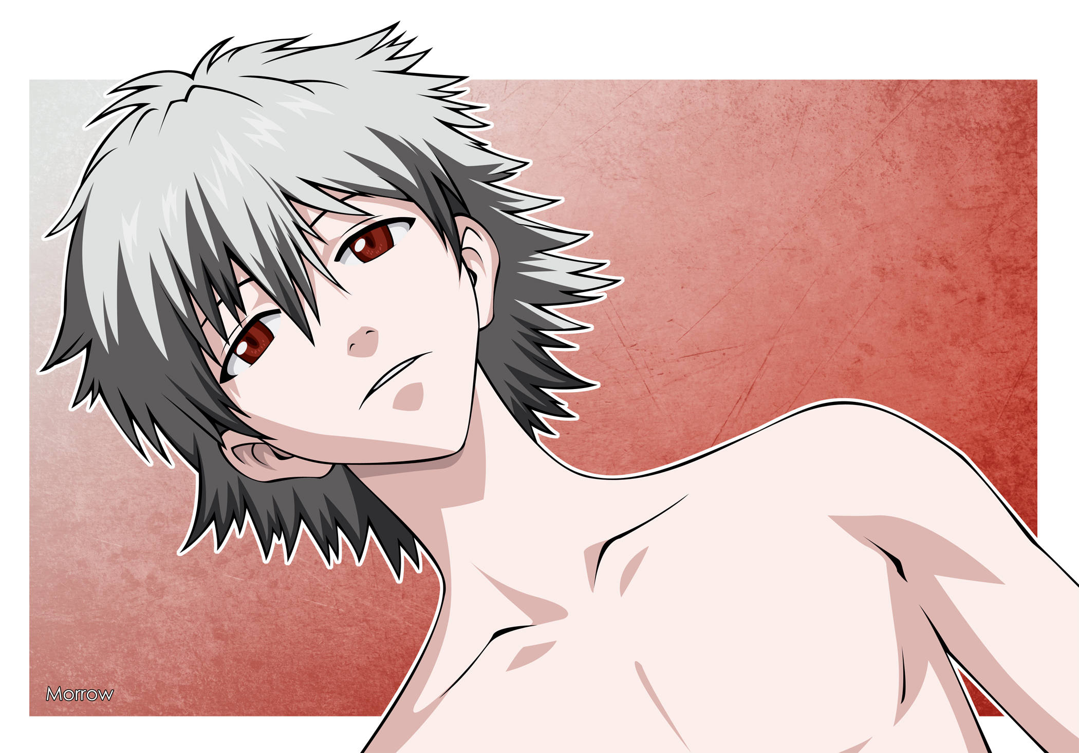 kaworu nagisa 桌布 壁紙 — 一個赤裸上身的動漫男性，擁有尖刺銀色頭髮和紅色眼睛，在帶有紋理的紅色背景上側視。