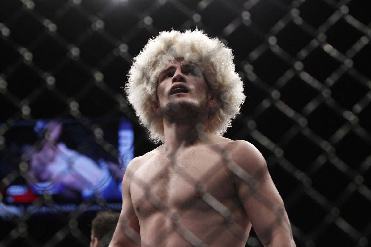 UFC 桌布 壁紙 — 一個赤裸上身的戰士戴著毛茸茸的白色帽子，在昏暗的MMA籠子裡向上看。