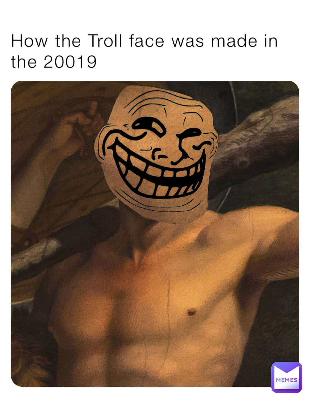 meme 桌布 壁紙 — 一個赤裸上身的男人，頭部疊加了一個卡通巨魔臉，採用古典繪畫風格。