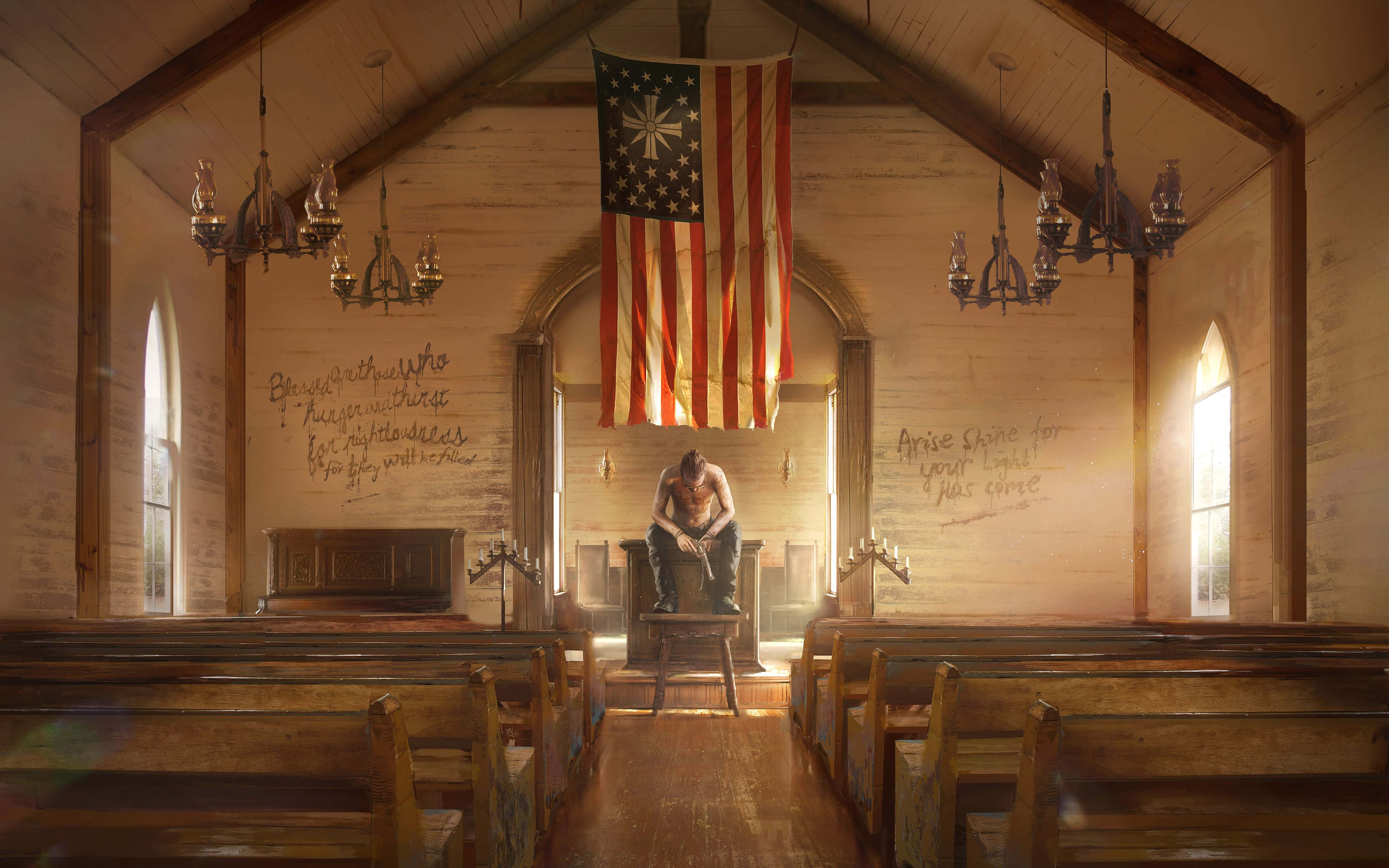 Best Far Cry 5 桌布 壁紙 — 一個赤裸上身的男人坐在一個質樸的木製教堂裡的凳子上，上方掛著一面美國國旗，牆上有手寫的訊息。