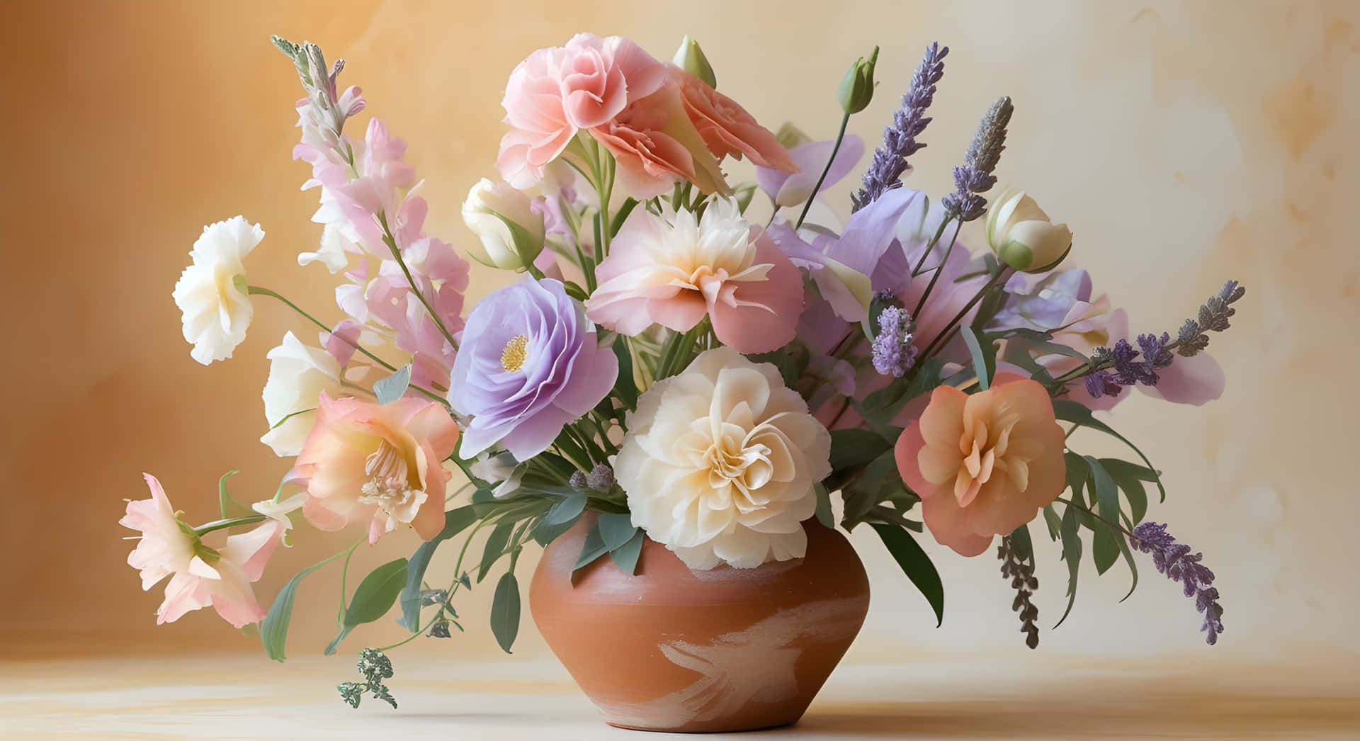 The beautiful bouquet of flowers 壁紙 — 一個赤陶花瓶插滿粉紅、蜜桃、薰衣草和白色花朵，襯托溫暖的米色背景。