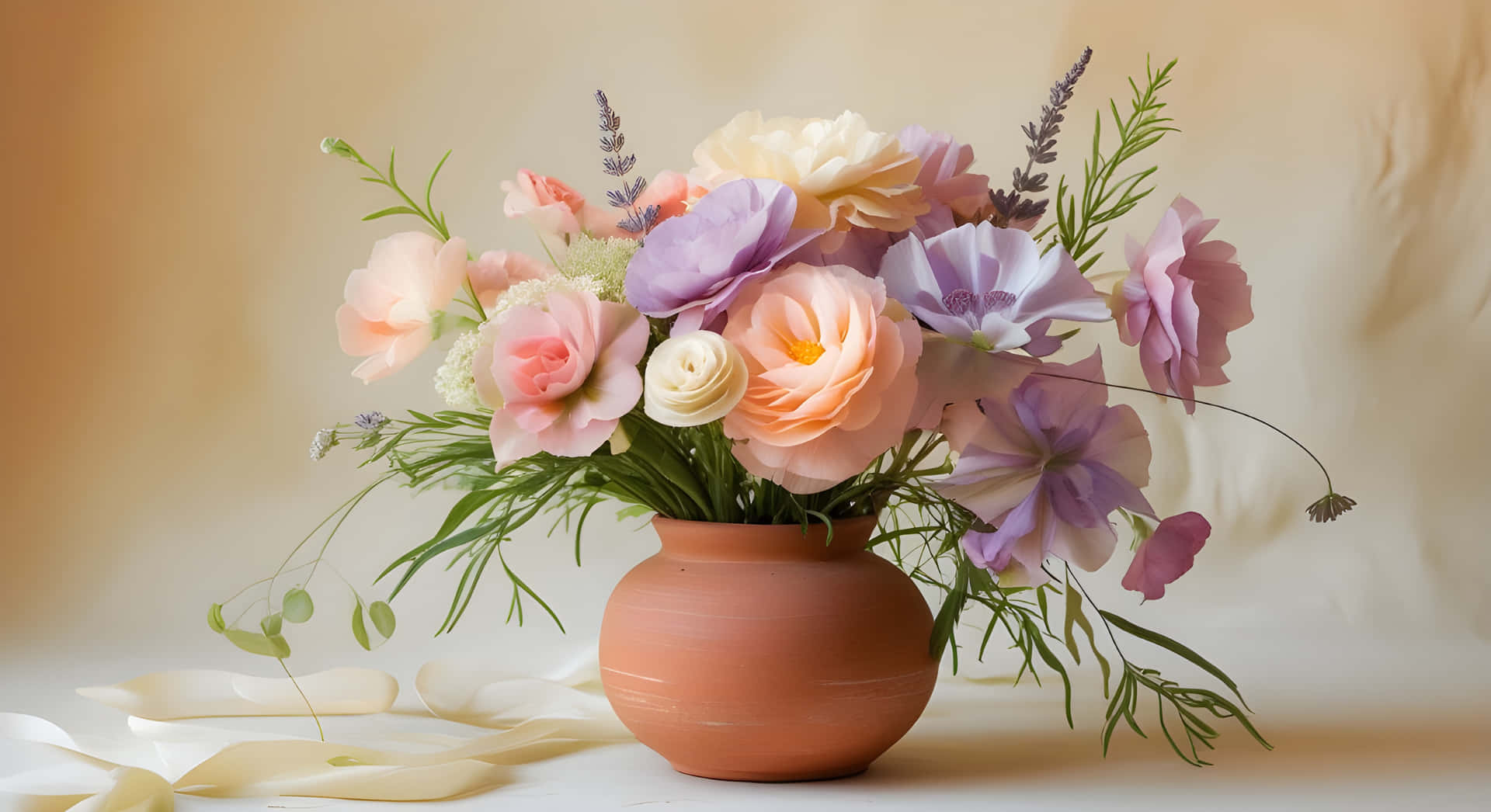 Flowers bouquet with natural flowers 壁紙 — 一個赤陶花瓶插著一束茂盛的花束，包含粉紅、蜜桃、薰衣草和奶油色的花朵，搭配綠葉，背景是溫暖的米色。