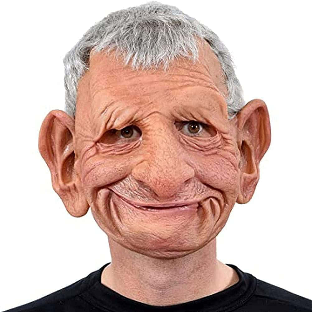 Mask 桌布 壁紙 — 一個超寫實的乳膠面具，呈現一位老人誇張的皺紋和咧嘴笑，背景為純白色。