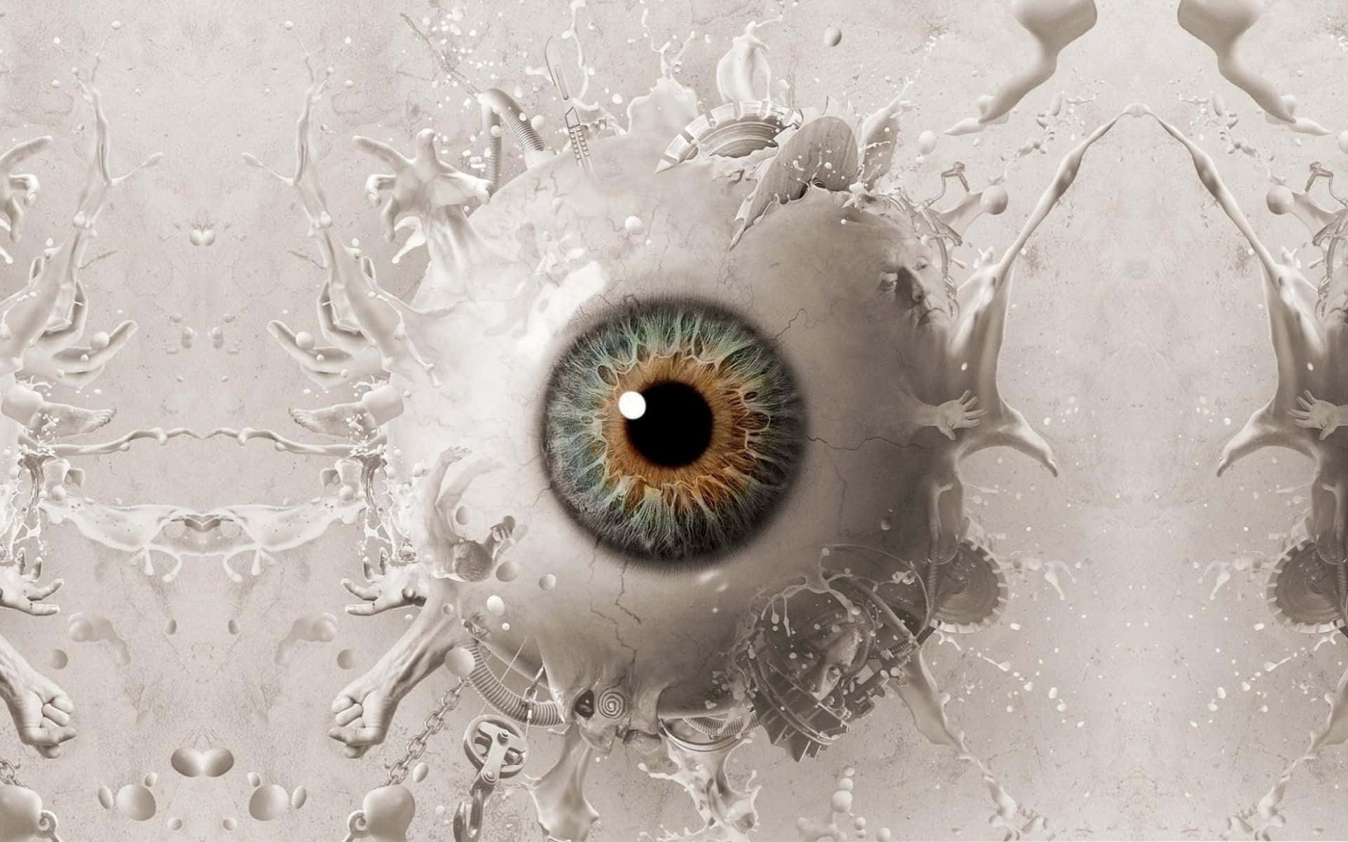 Eyes 桌布 壁紙 — 一個超寫實的人眼從白色液體飛濺中浮現，背景為紋理灰色。