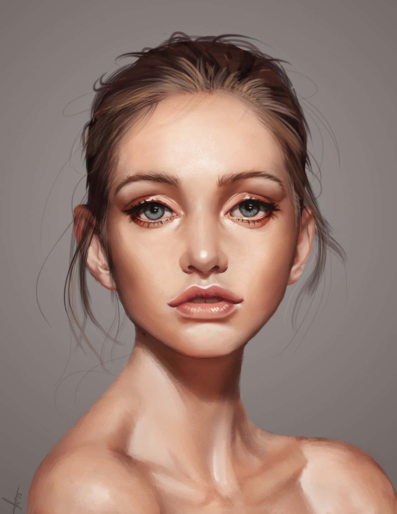 藝術 桌布 壁紙 — 一個超寫實的數位肖像，描繪一位年輕女性，擁有引人注目的藍色眼睛和柔軟的棕色頭髮，背景為中性灰色。