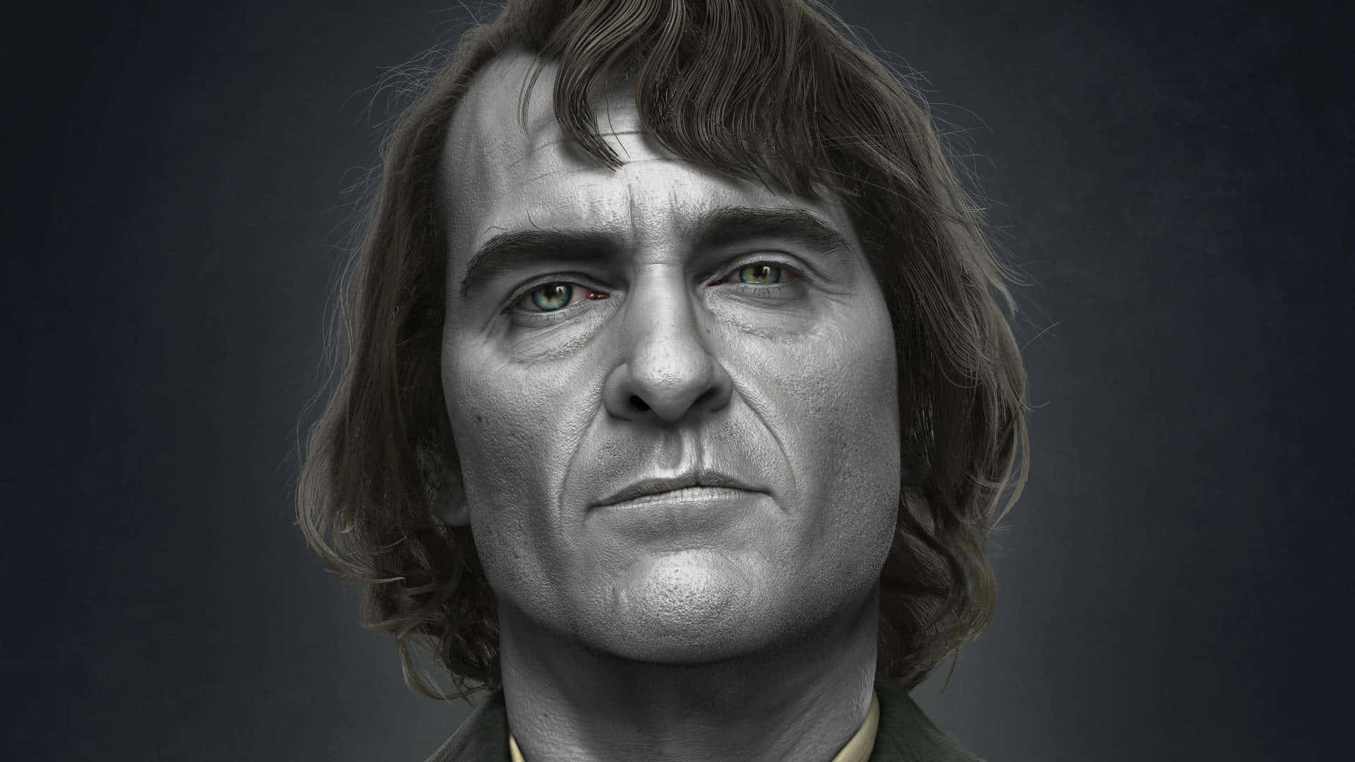 Arthur Fleck 桌布 壁紙 — 一個超寫實的數位肖像，描繪一位擁有強烈綠色眼睛和凌亂棕色頭髮的男子，背景為深灰色。