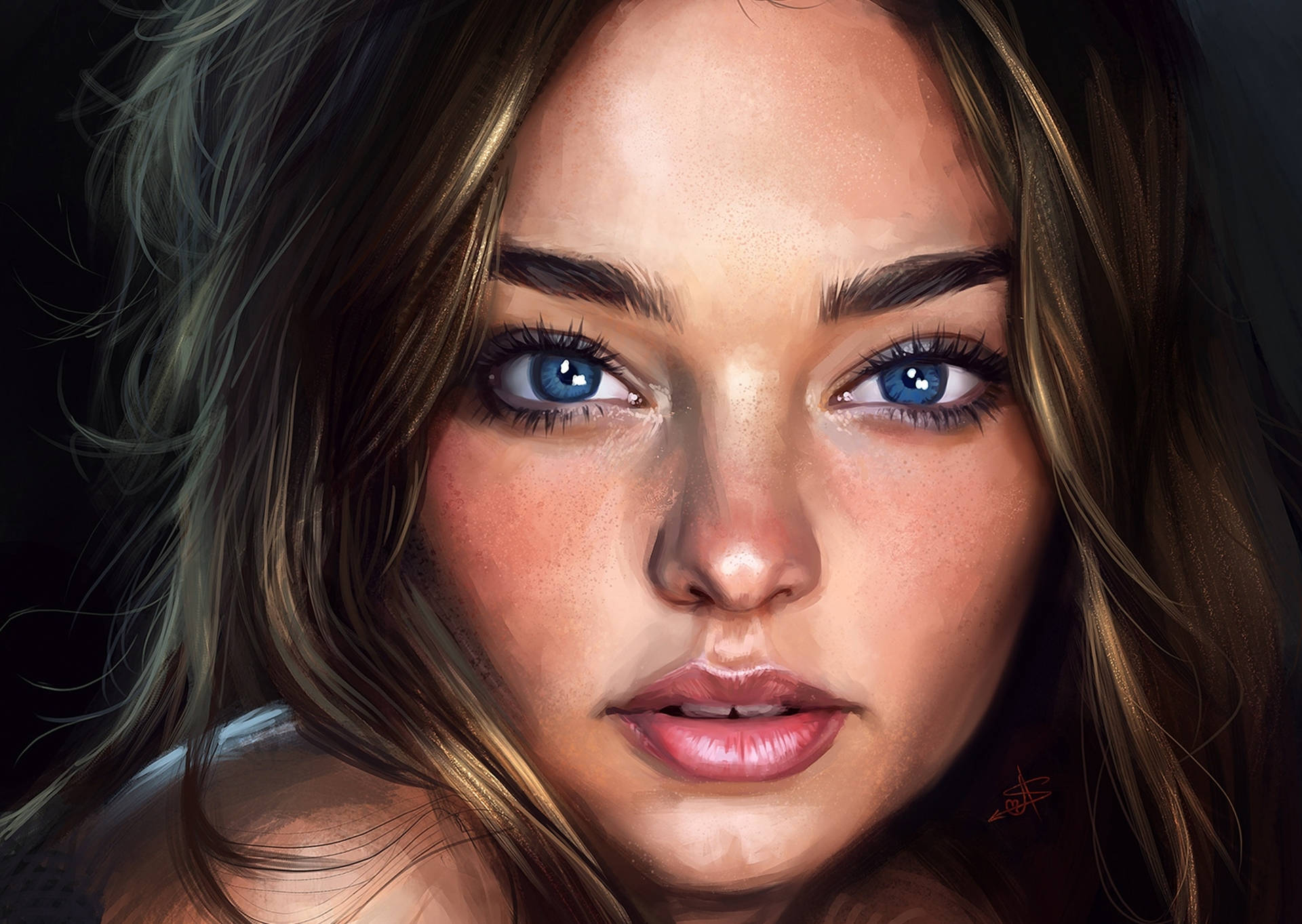 Miranda Kerr 桌布 壁紙 — 一個超寫實的數位肖像，描繪一位擁有引人注目的藍眼睛和陽光親吻的肌膚，周圍環繞著凌亂金色頭髮的女性。