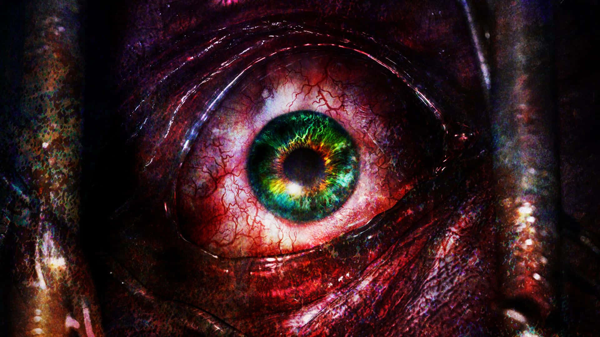 Resident Evil Revelations 2 桌布 壁紙 — 一個超寫實的特寫鏡頭，展示一隻怪誕的眼睛，帶有充滿活力的綠色虹膜和佈滿血絲的紅色鞏膜，嵌在腐爛的肉體中。