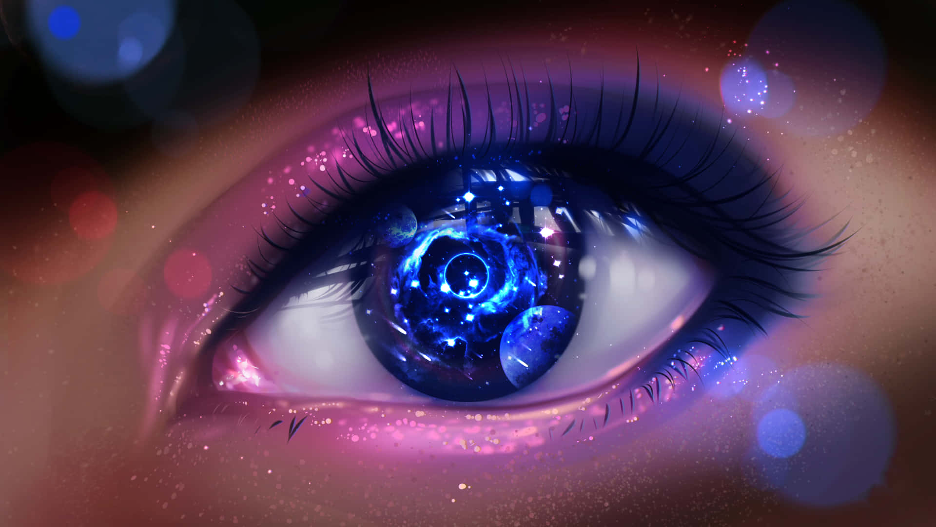 Eye 桌布 壁紙 — 一個超寫實的眼睛，虹膜中旋轉著宇宙藍色星系，周圍環繞著發光的粉紅色閃光和散景光。