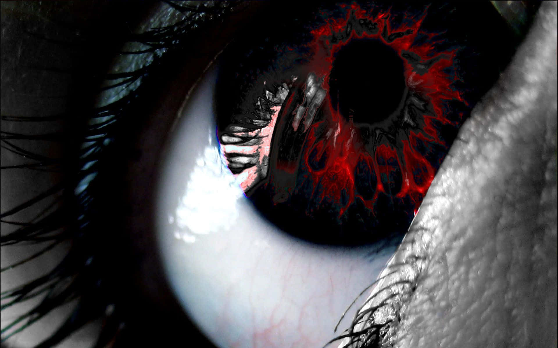 Eyes 桌布 壁紙 — 一個超現實特寫的人類眼睛，黑色瞳孔被鮮紅色碎形圖案包圍，背景為單色。