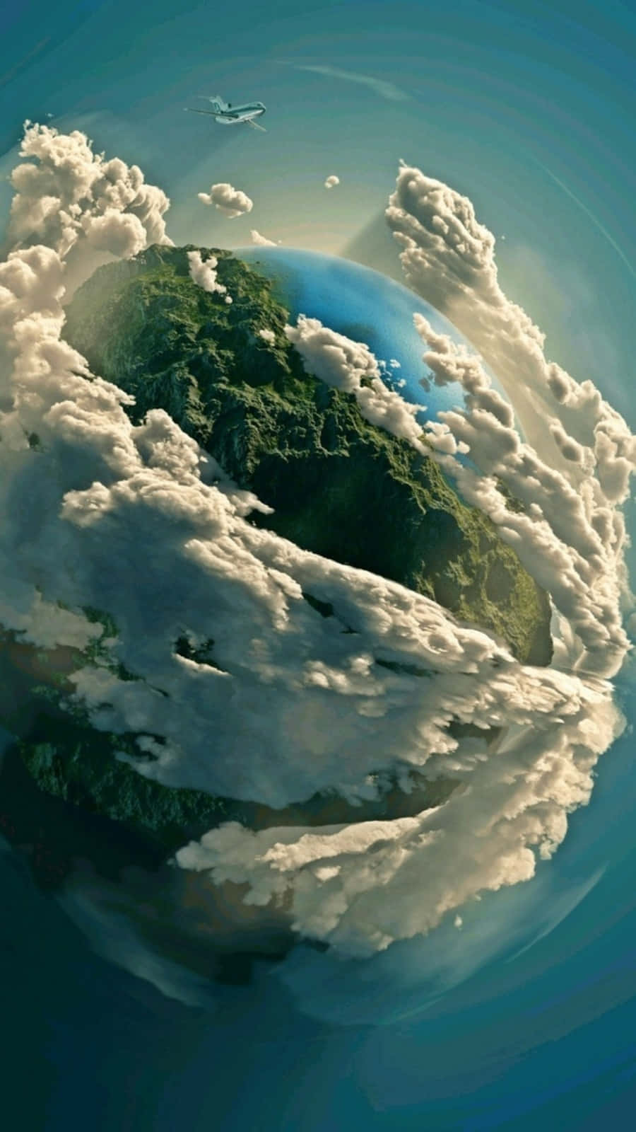interesting 桌布 壁紙 — 一個超現實的360度視角，一個綠色行星被旋轉的雲層包裹，上方有一架小型飛機飛過。
