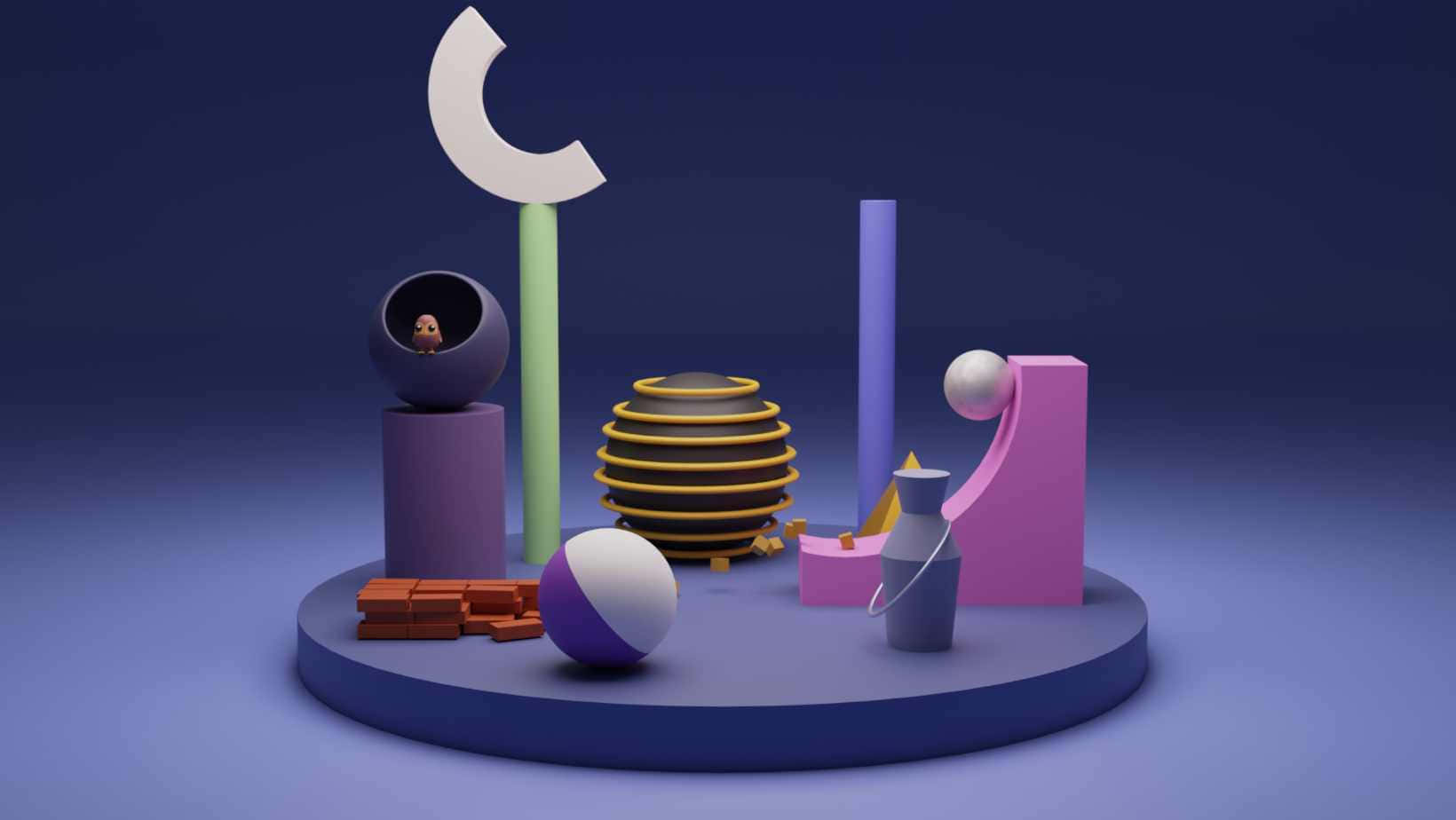 toys 桌布 壁紙 — 一個超現實的3D渲染作品，由色彩繽紛的幾何形狀和抽象物體組成，排列在一個圓形平台上，背景為深藍色漸變。