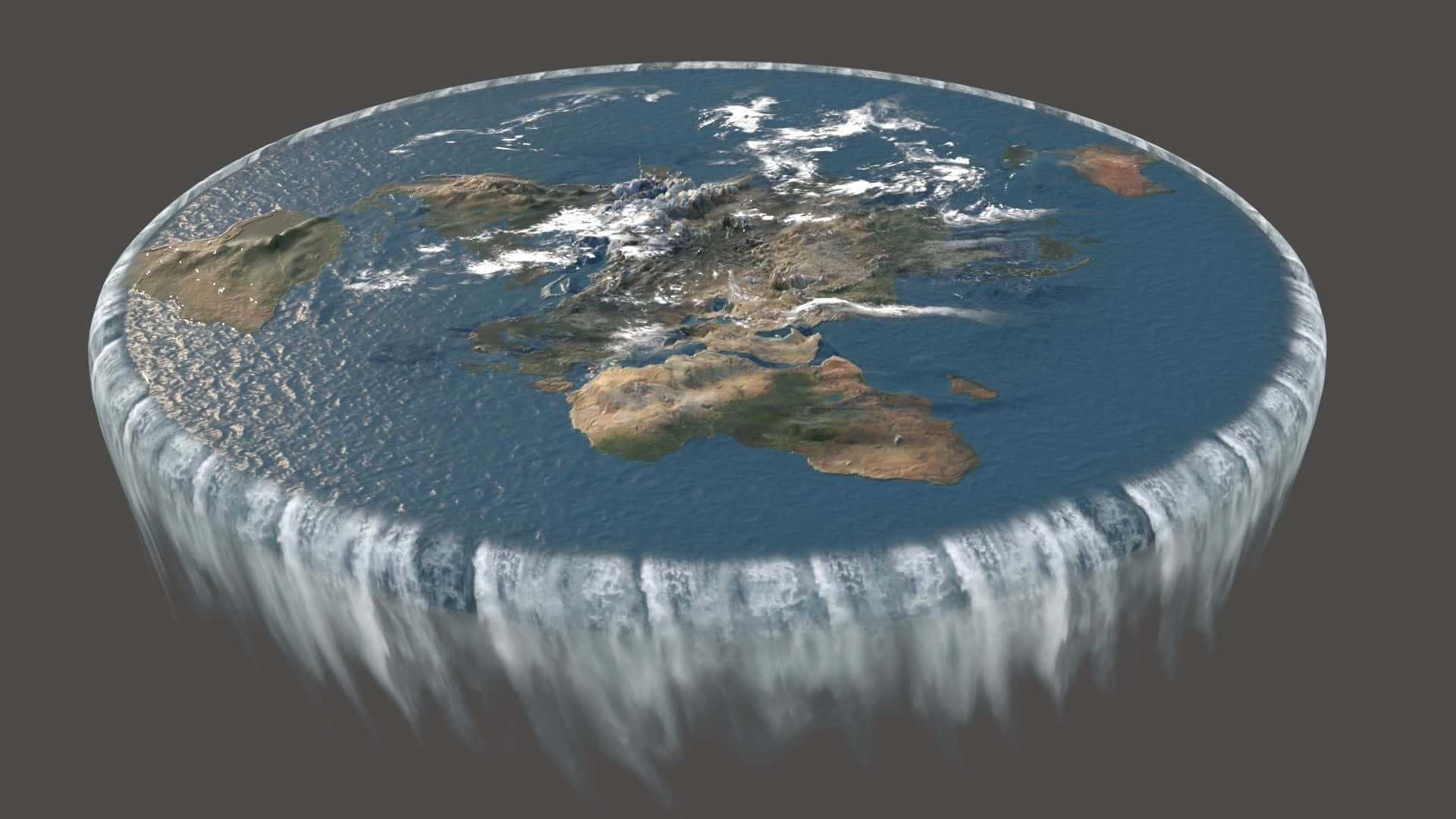 Flat Earth 桌布 壁紙 — 一個超現實的3D渲染地球，大陸漂浮在層疊瀑布之上。