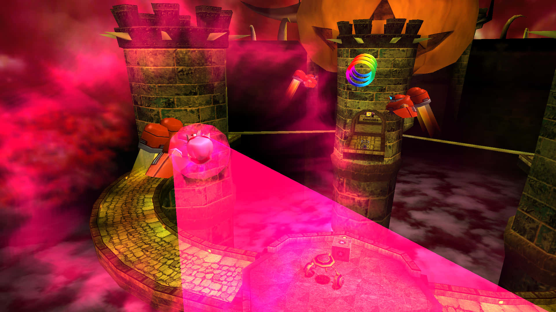 Sonic Mystic Mansion 桌布 壁紙 — 一個超現實的3D渲染城堡，帶有發光的粉紅色能量光束和浮動平台，在夢幻般的火熱天空中。